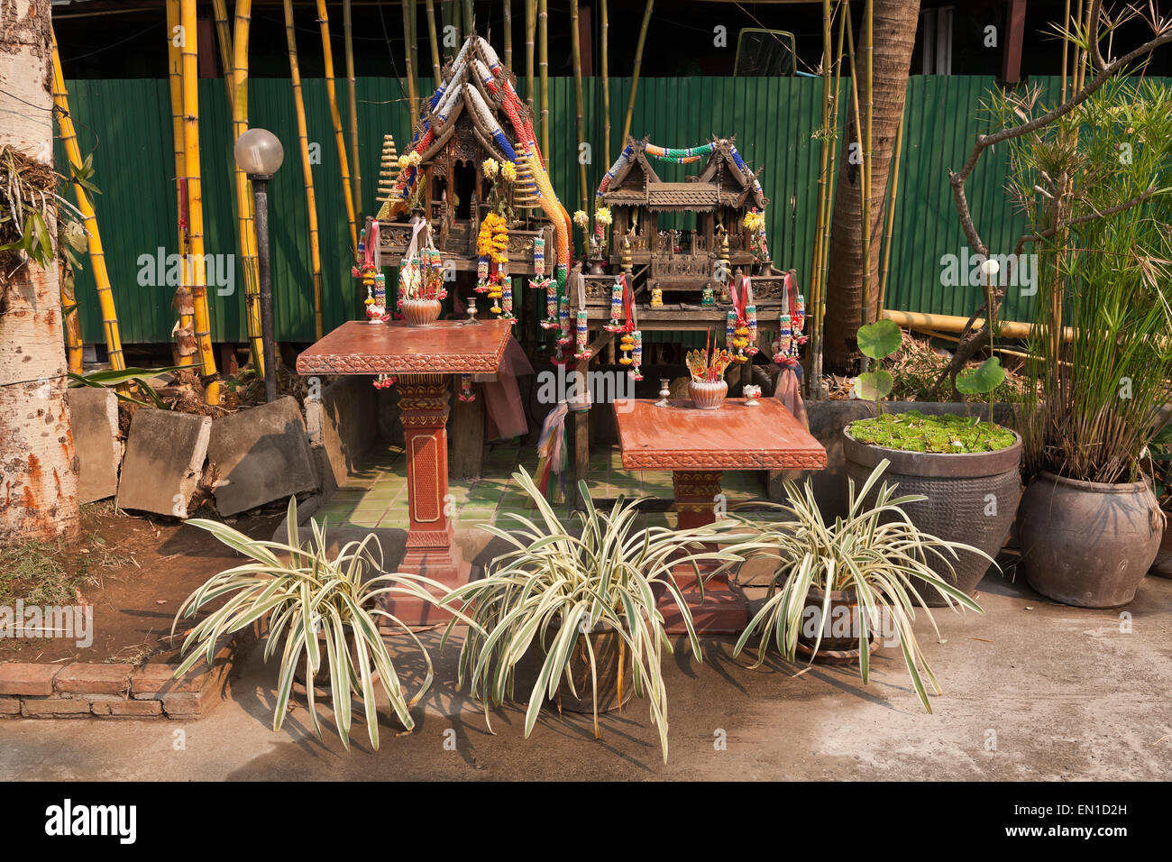 Thai Buddhist garden altar or temple, Chiang Mai, Thailand Stock Photo