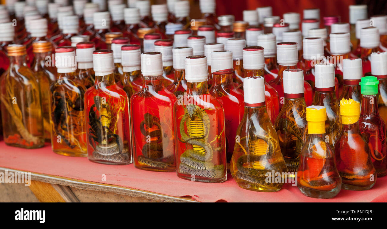 Don Sao island, Laos, The Golden Triangle, market stall selling exotic tonic spirits which contain, scorpion, cobra, lizard Stock Photo