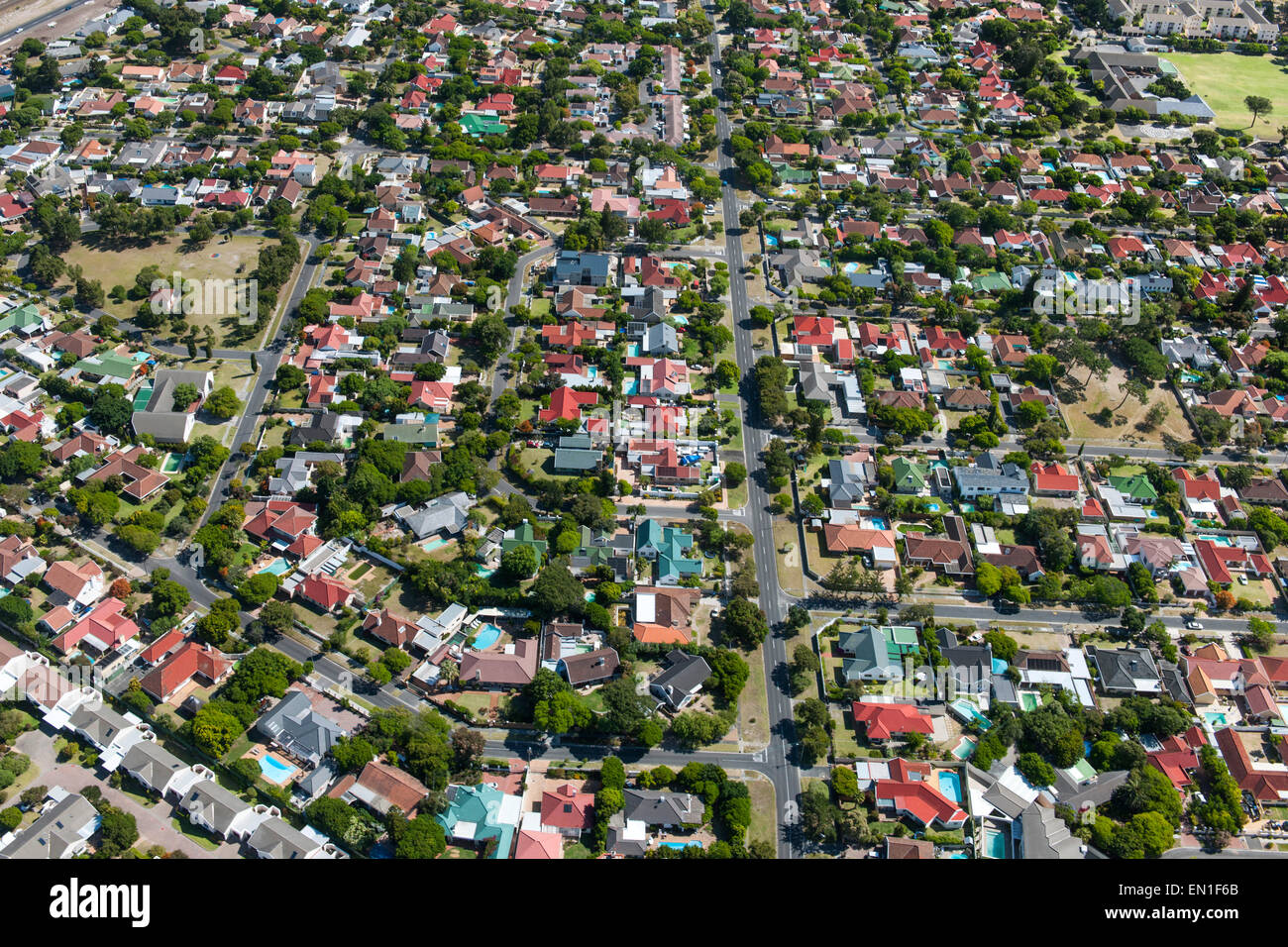 Aerial view of housing and the suburb of Pinelands in Cape Town, South