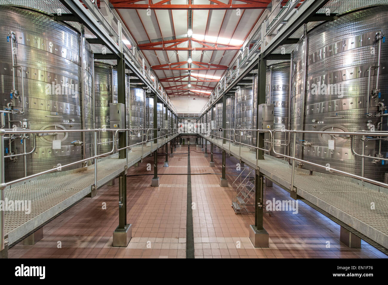 Fermentation tanks of the Lourensford wine estate in Somerset West, Western Cape Province, South Africa. Stock Photo