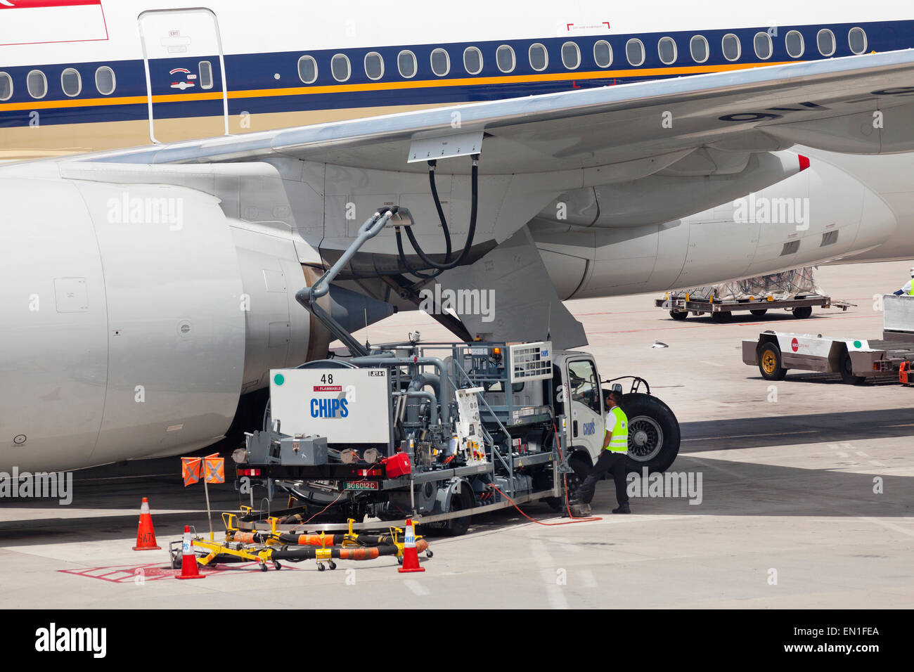 Passenger jet airplane fuel supply truck, airport service, refueling Stock Photo