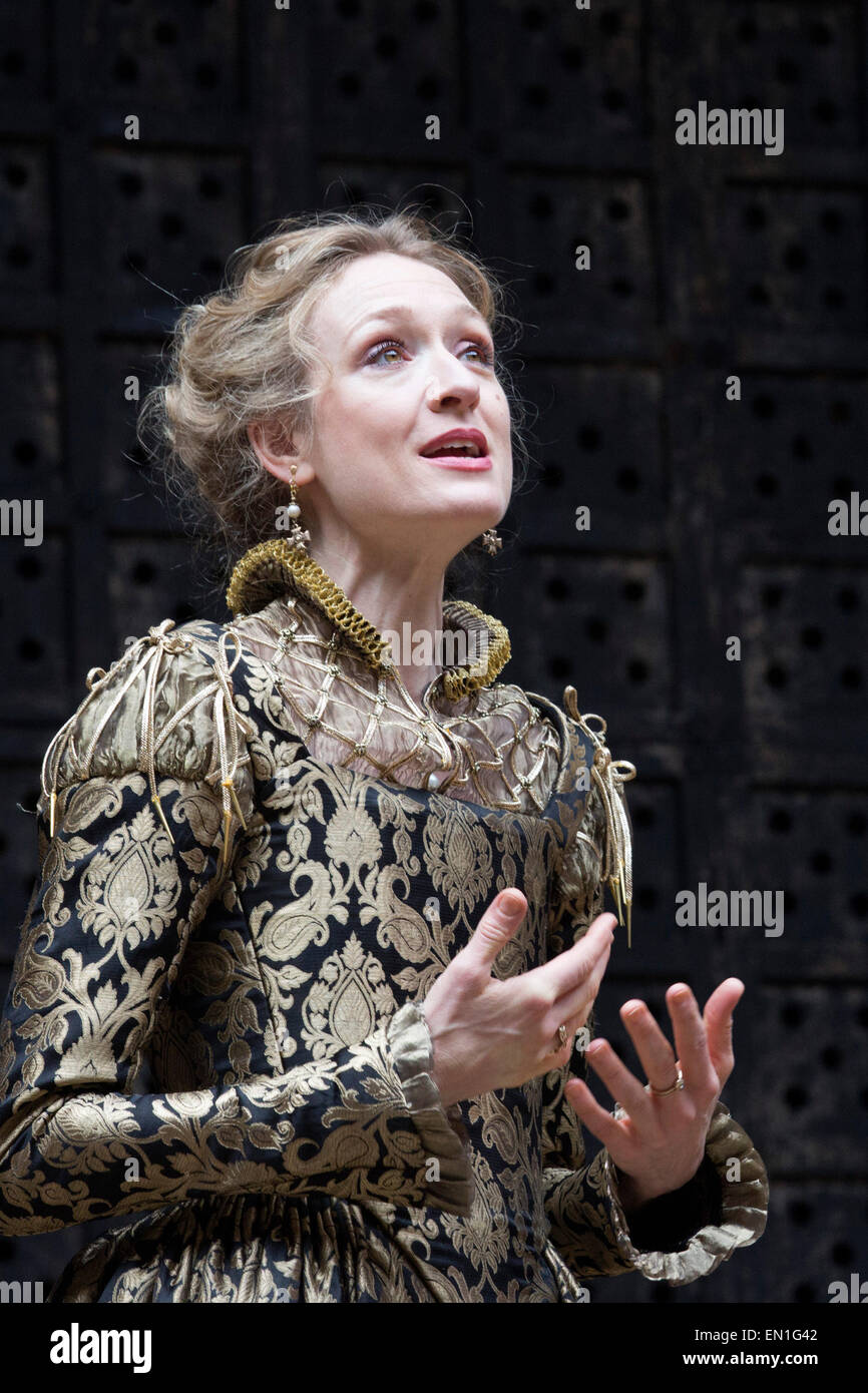 London, UK. 25 April 2015. Rachel Pickup as Portia. William Shakespeare's The Merchant of Venice is performed at Shakespeare's Globe, Globe Theatre, from 23 April - 7 June 2015. With Daniel Lapaine as Bassanio, Rachel Pickup as Portia and Jonathan Pryce as Shylock. Photo: Bettina Strenske Stock Photo