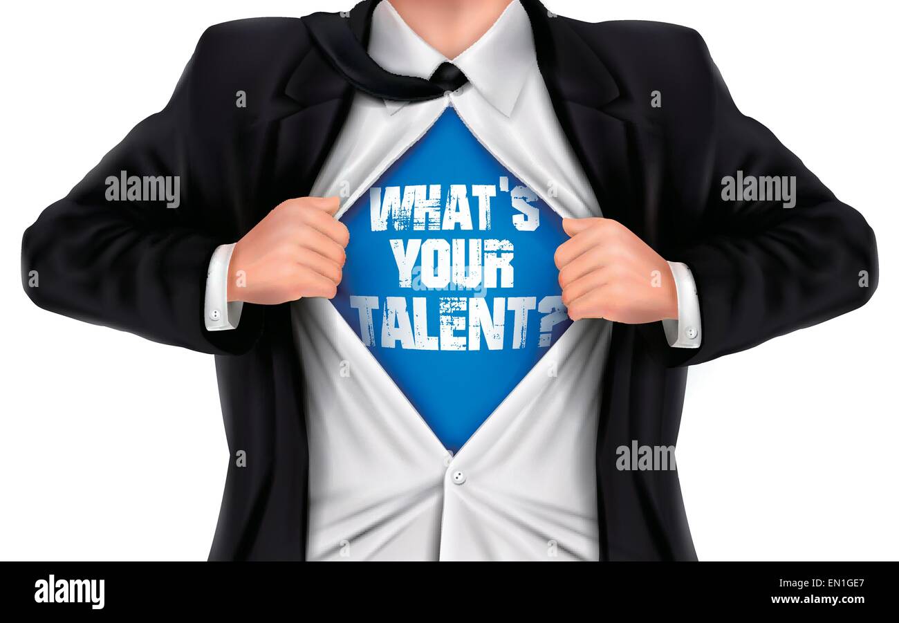 businessman showing What's your talent words underneath his shirt over white background Stock Vector