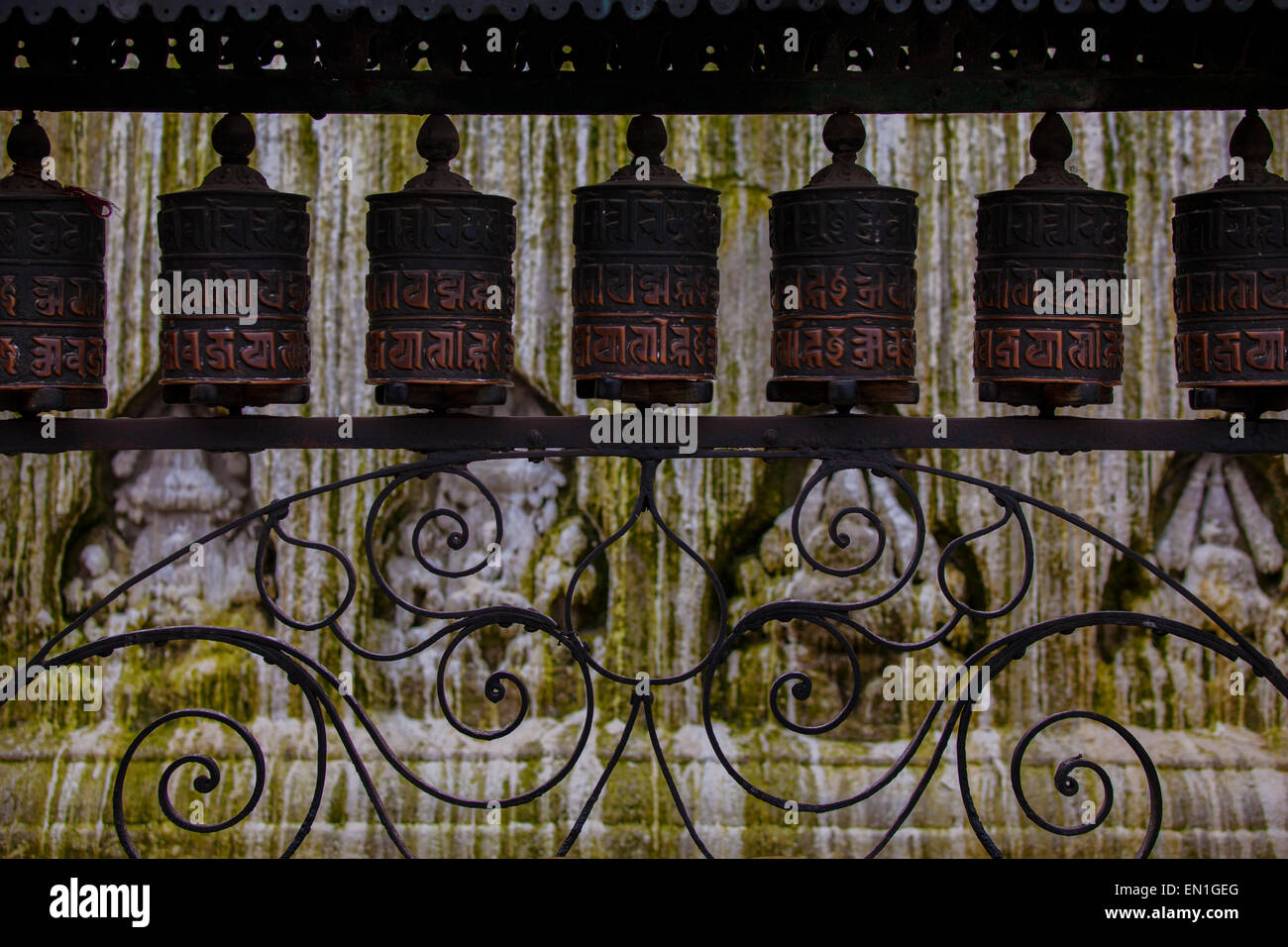Prayer wheels at Swayambhunath temple, Kathmandu Nepal; monkey temple ...