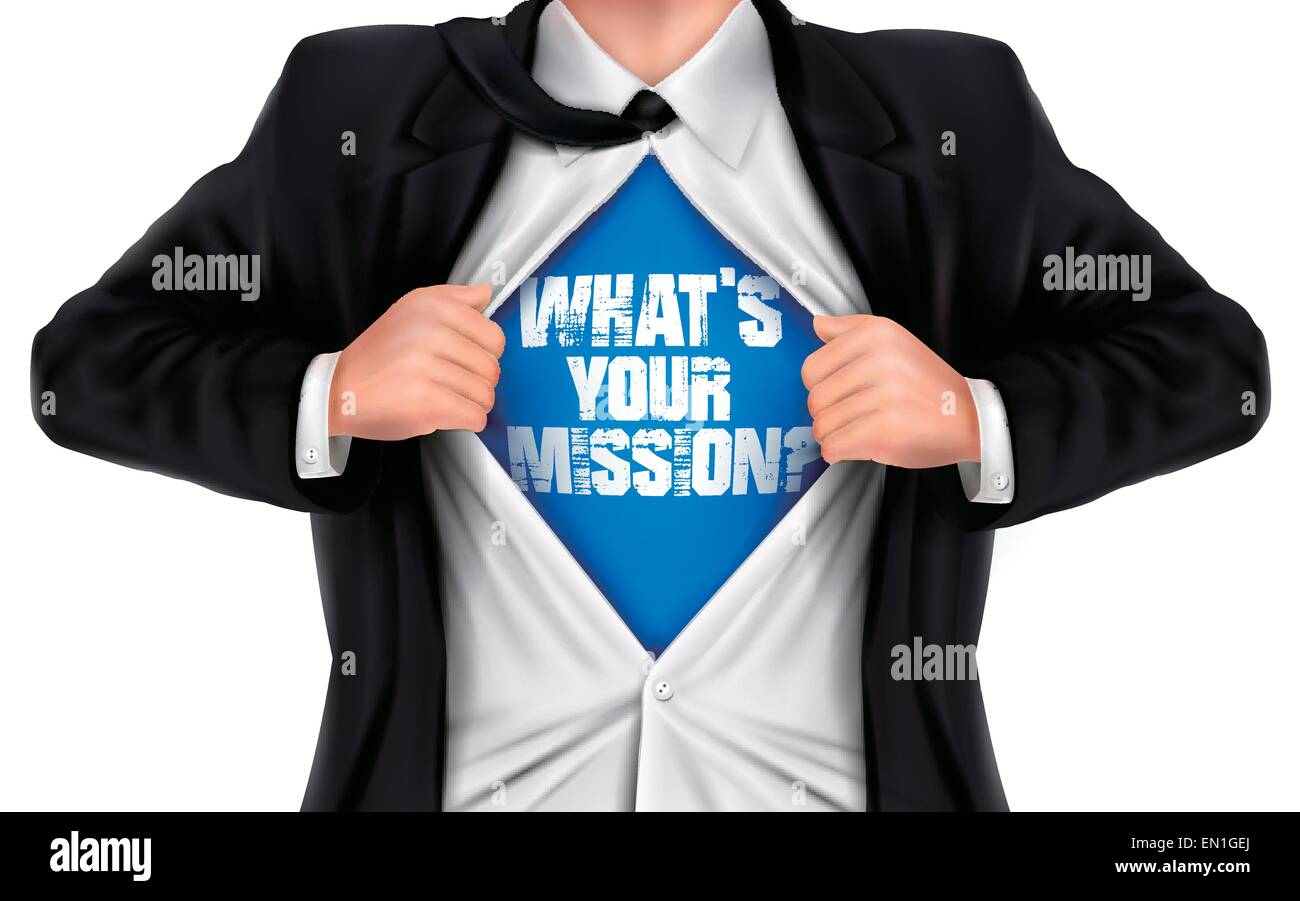businessman showing What's your mission words underneath his shirt over white background Stock Vector