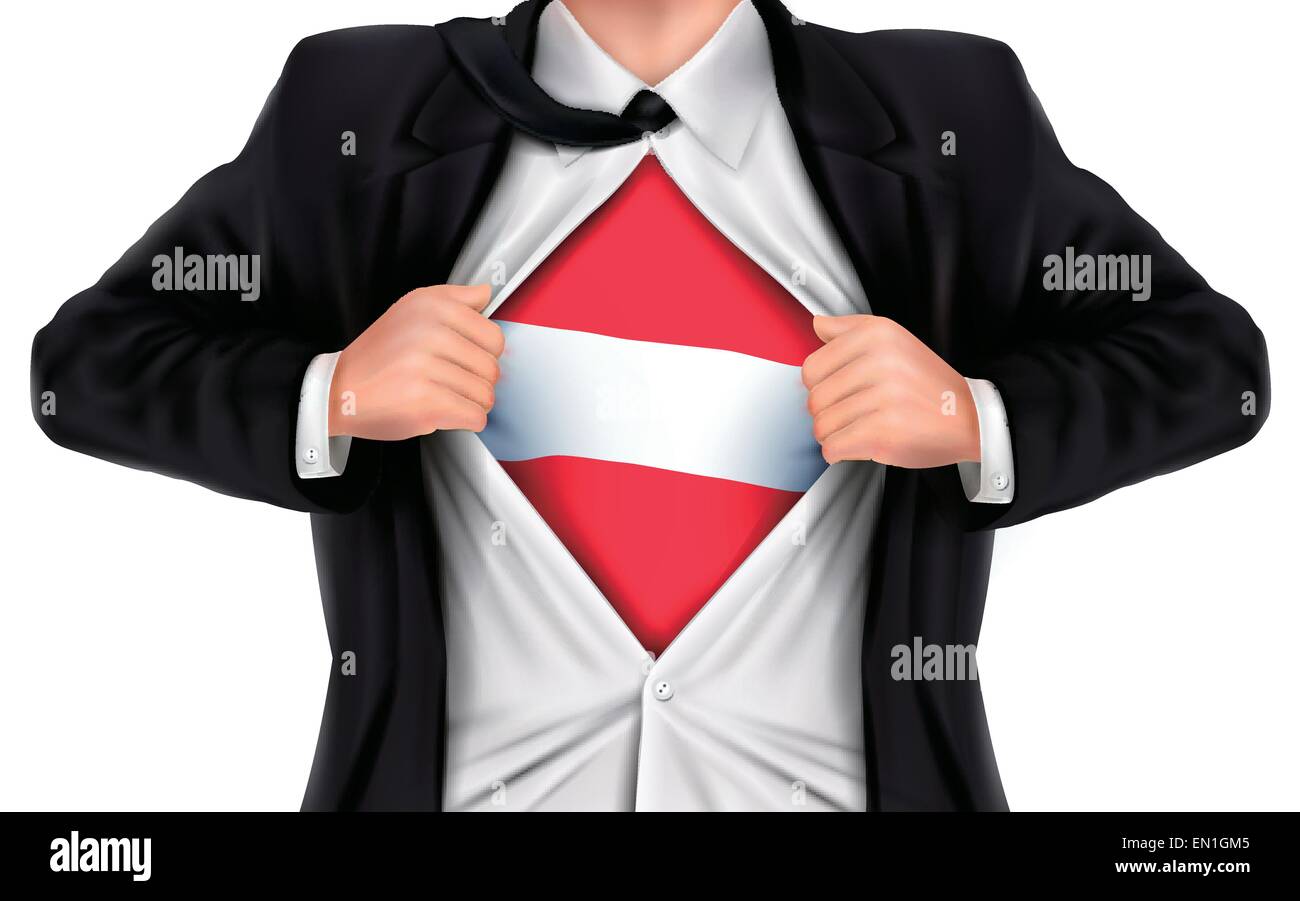 businessman showing Austria flag underneath his shirt over white background Stock Vector