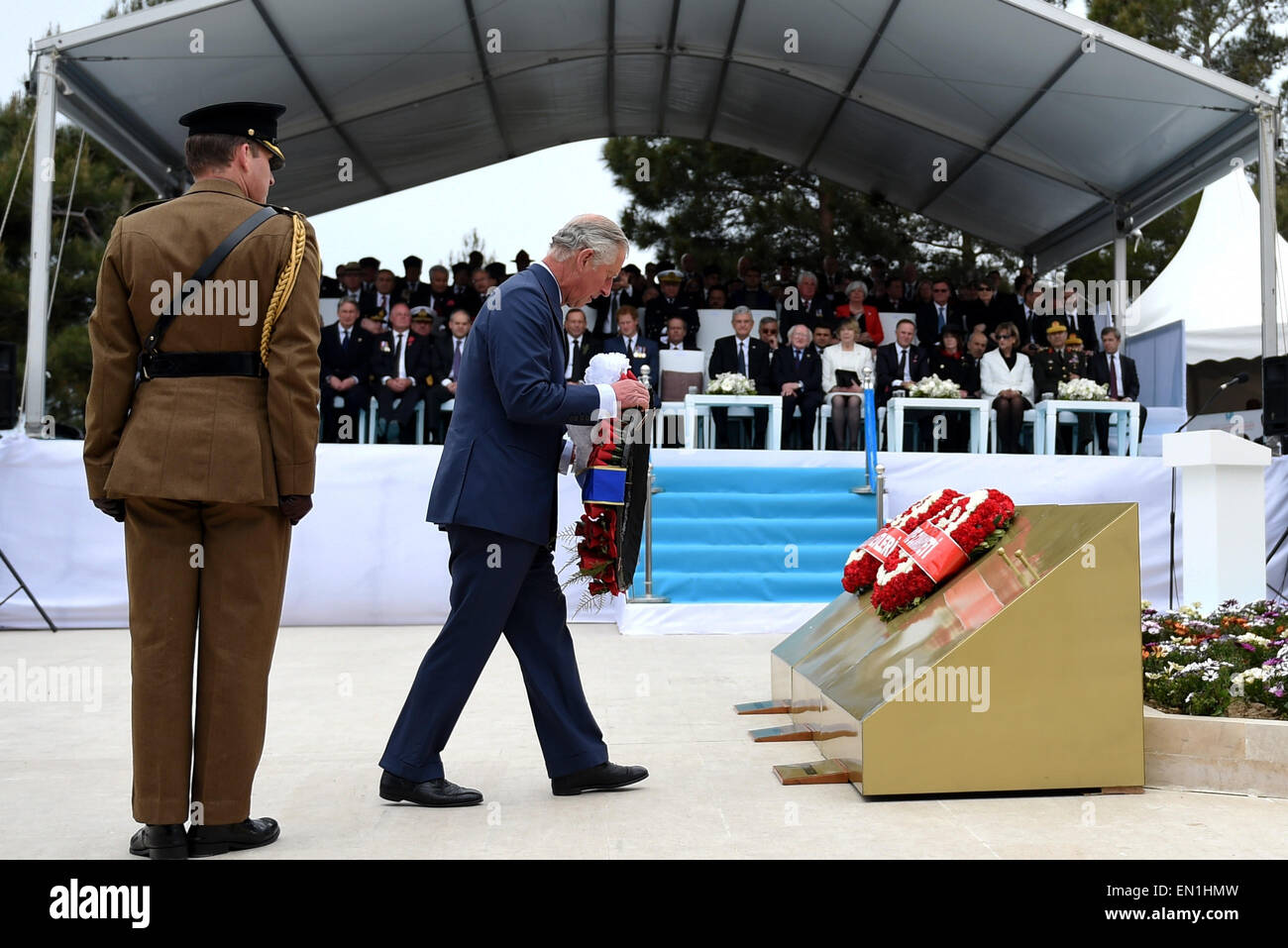 (150425) -- CANAKKALE, April 25, 2015(Xinhua) -- British Prince of Wales Charles presents a bouquet at Turkish memorial service in Canakkale, Turkey, April 25, 2015. Leaders and dignitaries from the UK, Ireland, Australia and New Zealand joined Turkish military delegates to attend Turkish memorial service on Saturday at the 57th Infantry Regiment Memorial, as an event of 100th anniversary of the Gallipoli Battle. (Xinhua/He Canling) Stock Photo