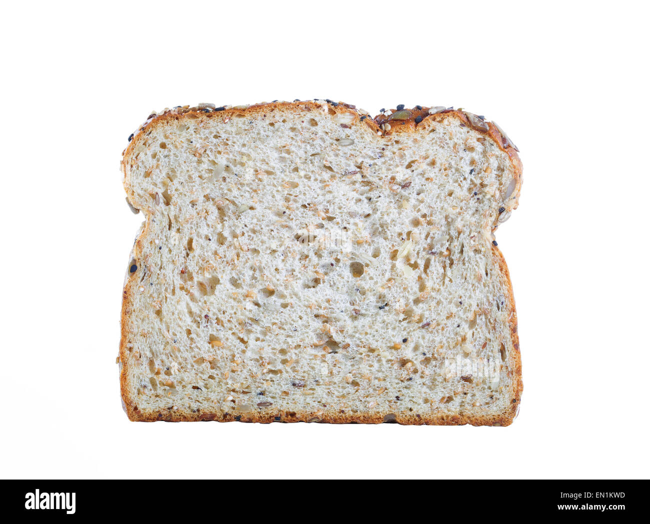 Close up of a single slice of whole wheat bread isolated on white