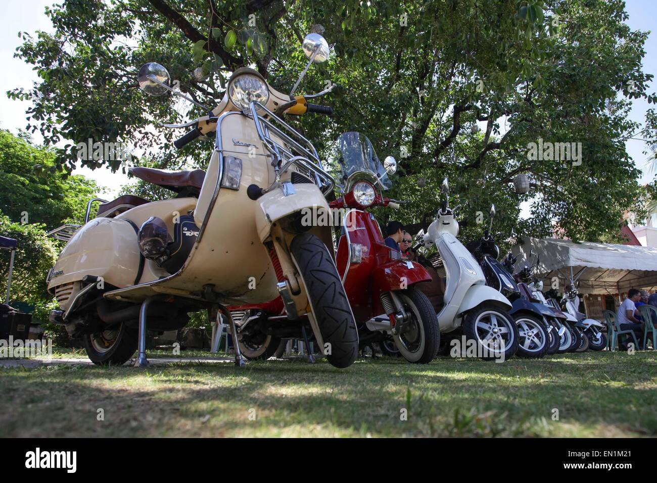 Metro Manila, Philippines. 25th Apr, 2015. European scooters are lined up during the 9th Scooter Jamboree in Angono, Rizal on Saturday, the Art Capital of the Philippines annually hosts the Scooter Jamboree, a gathering of European scooter enthusiasts in Metro Manila. © Mark Cristino/Pacific Press/Alamy Live News Stock Photo
