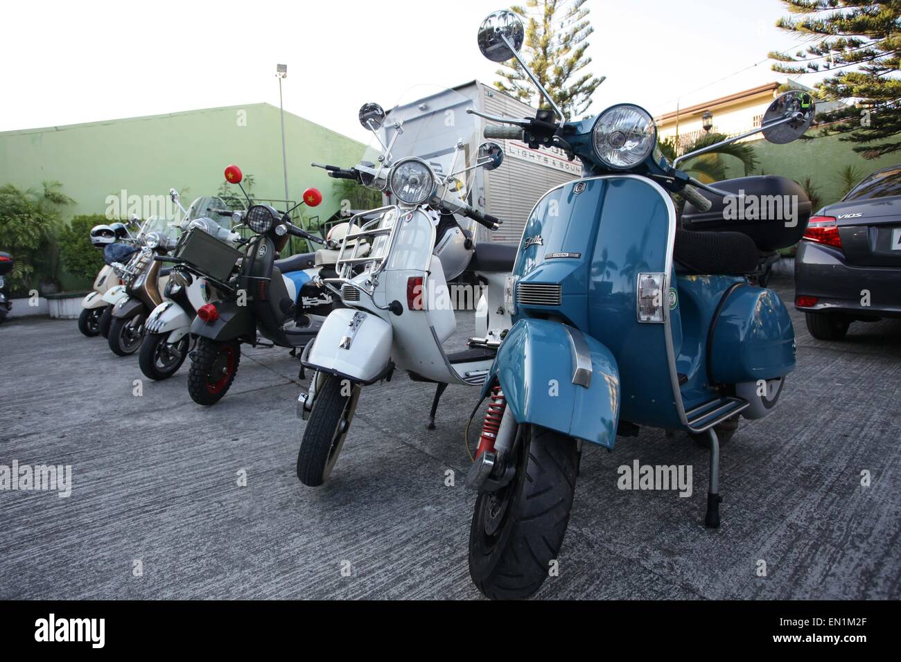 Metro Manila, Philippines. 25th Apr, 2015. European scooters are lined up during the 9th Scooter Jamboree in Angono, Rizal on Saturday, the Art Capital of the Philippines annually hosts the Scooter Jamboree, a gathering of European scooter enthusiasts in Metro Manila. © Mark Cristino/Pacific Press/Alamy Live News Stock Photo