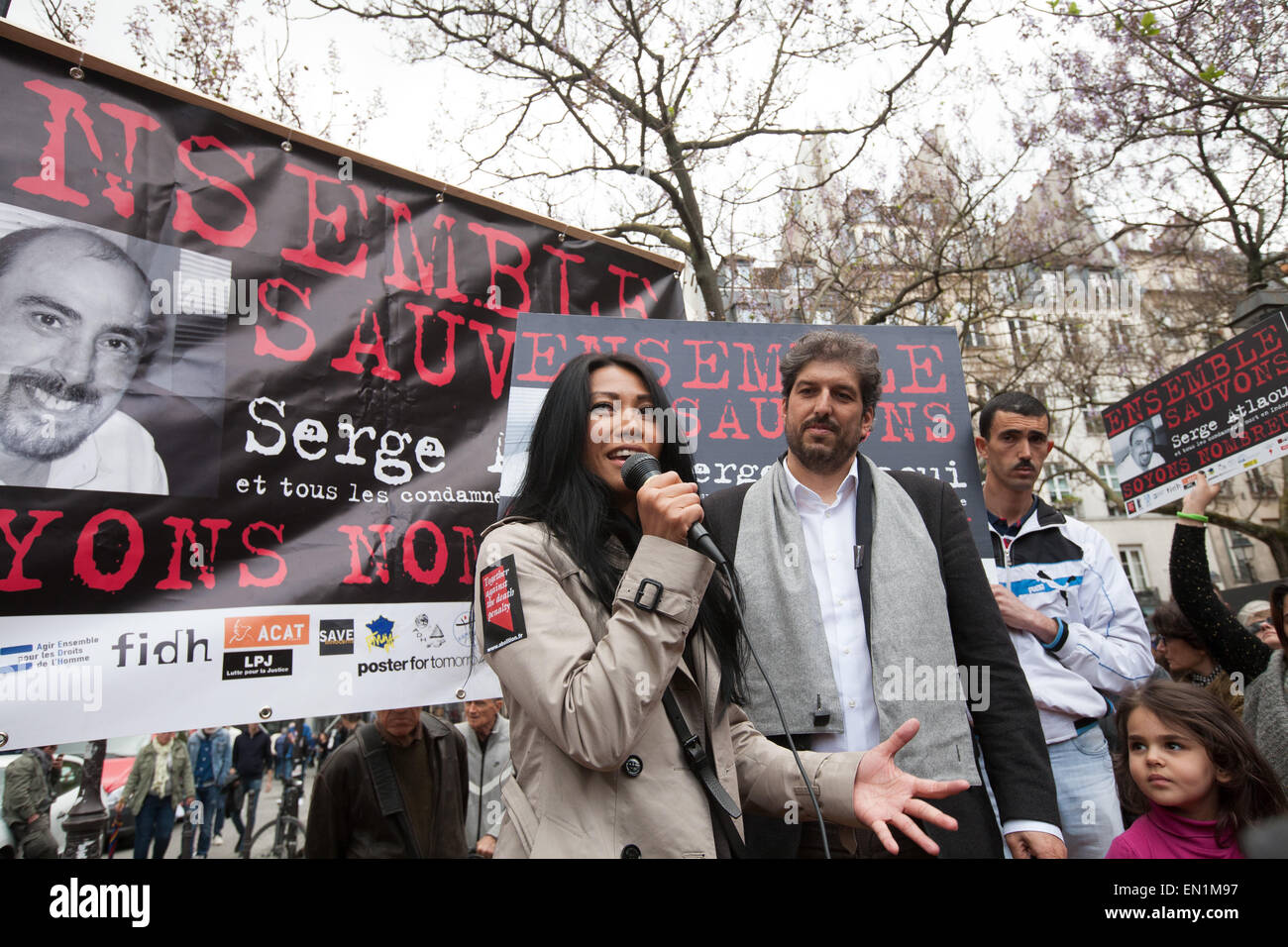 Paris, France. 25th Apr, 2015. Indonesian-born French singer and songwriter Anggun Cipta Sasmi speaks during a demonstration to support Serge Atlaoui a Frenchman on death row in Indonesia. Serge Atlaoui has been detained on the island of Nusakambangan in Central Java, known as Indonesia's 'Alcatraz,' since he was sentenced to death in 2007 on drugs charges. © Nicolas Kovarik/Pacific Press/Alamy Live News Stock Photo