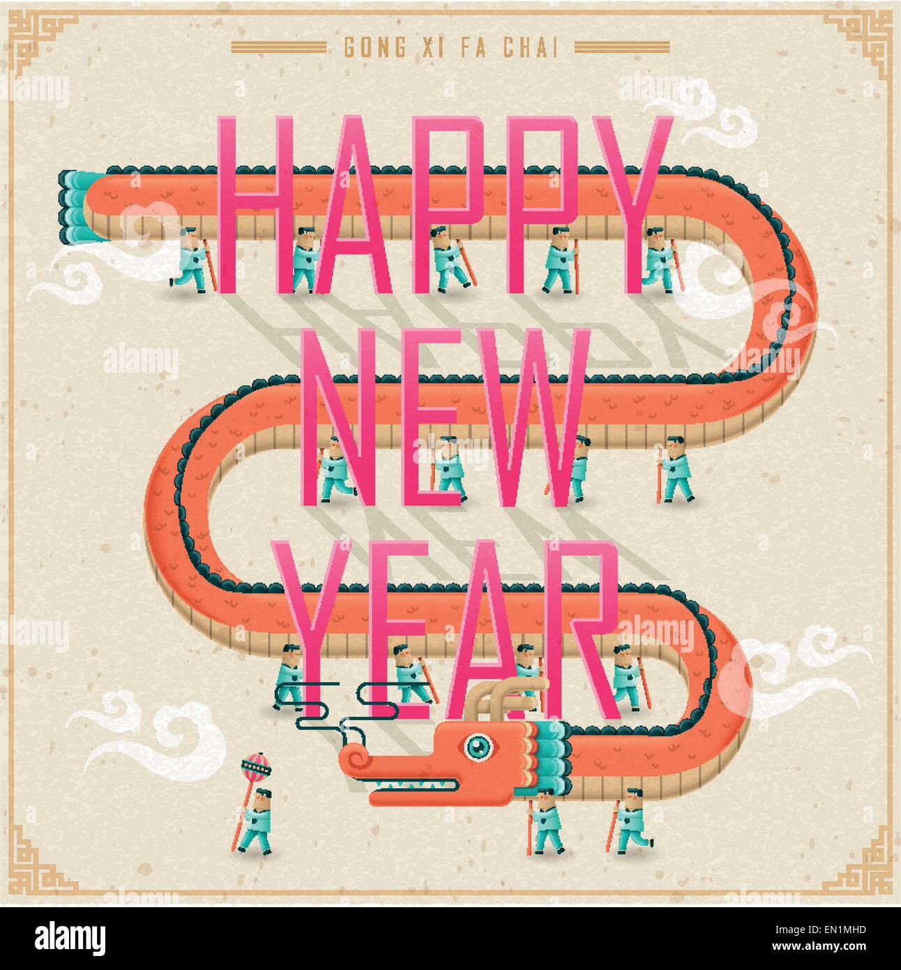 Chinese New Year Parade of dragon dance in lovely style Stock Vector