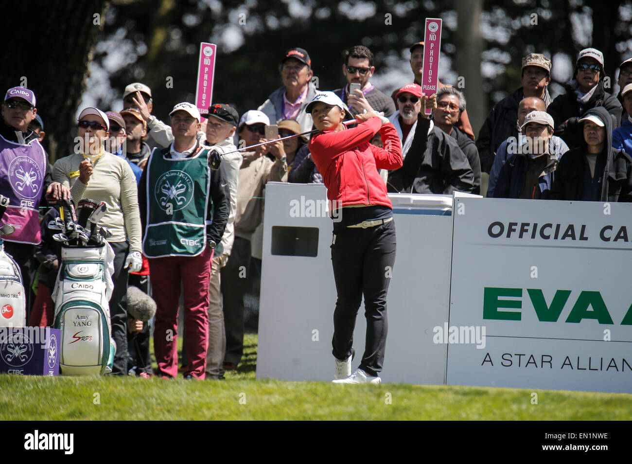 San Francisco, CA. 25th Apr, 2015. Lydia Ko hits her drive during LPGA