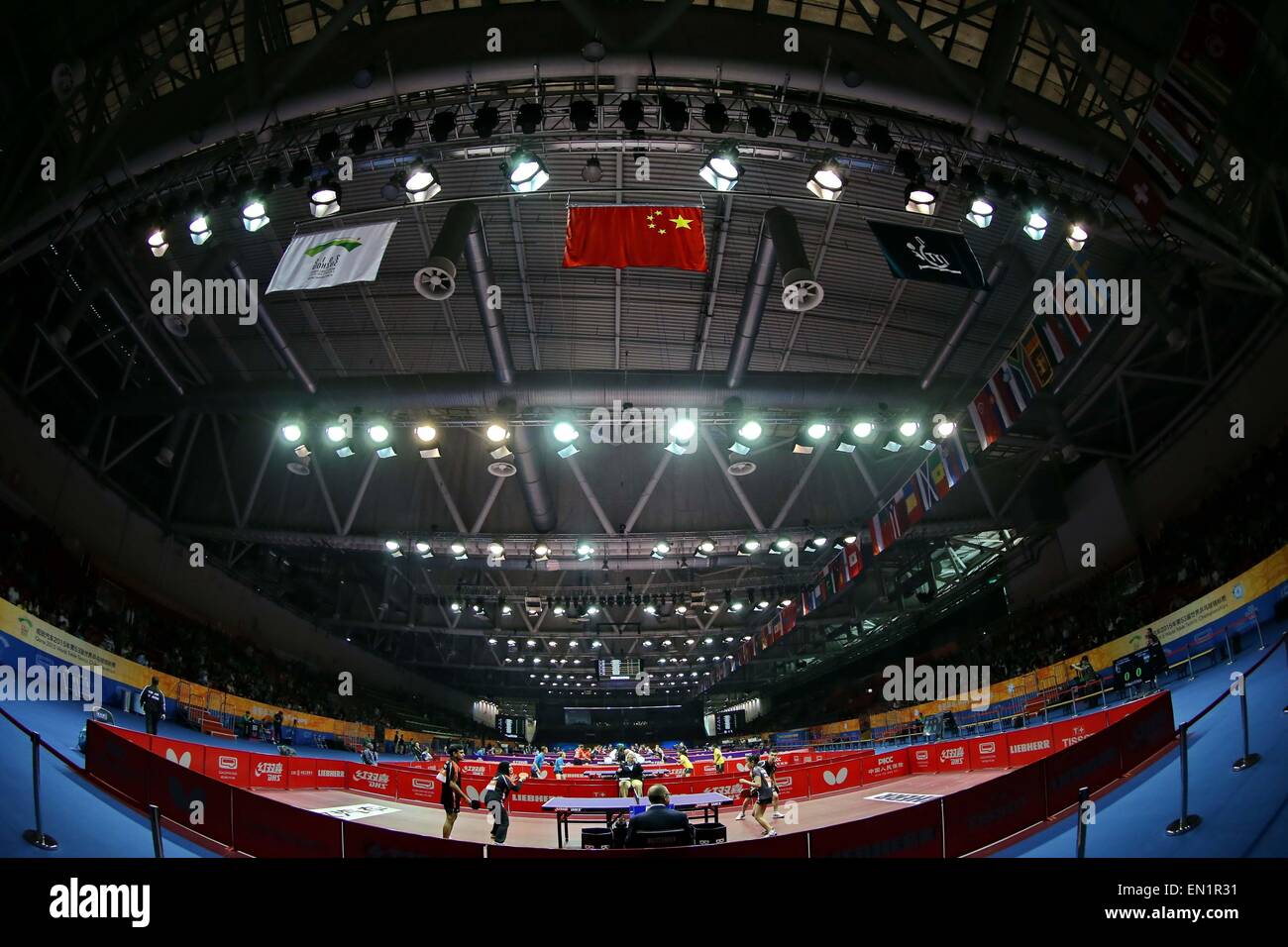 Suzhou, China's Jiangsu Province. 26th Apr, 2015. Players compete during the mixed doubles qualification match at the 53rd Table Tennis World Championships in Suzhou, city of east China's Jiangsu Province, April 26, 2015. Credit:  Yang Shiyao/Xinhua/Alamy Live News Stock Photo