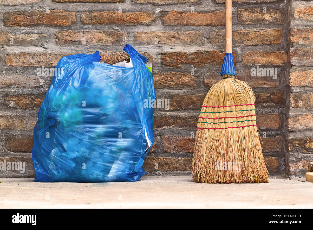 Household Used Broom For Floor Dust Cleaning and Blue Plastic Garbage