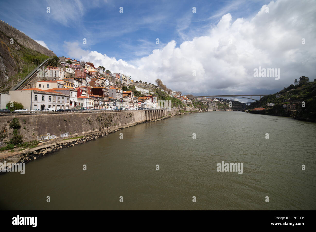 Douro river embankment along old city of Porto in Portugal. Stock Photo