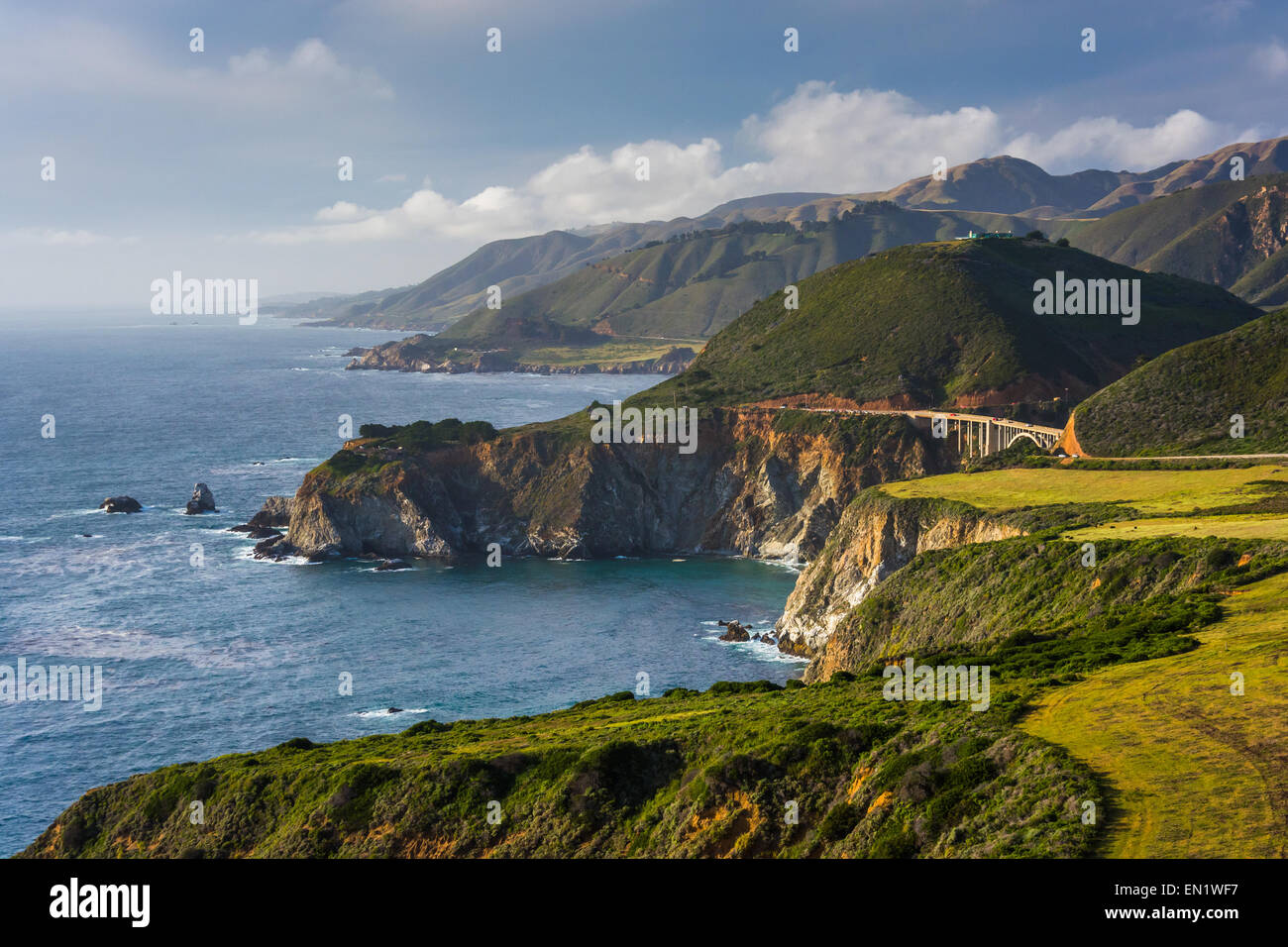 View of Bixby Creek Bridge and mountains along the Pacific Coast, in Big Sur, California. Stock Photo