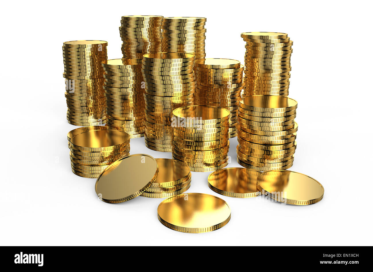 Stacks of golden coins isolated on white background Stock Photo - Alamy