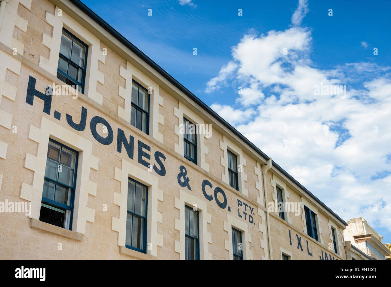 Historic sandstone buildings on Macquarie Wharf at Hobart waterfront Stock Photo