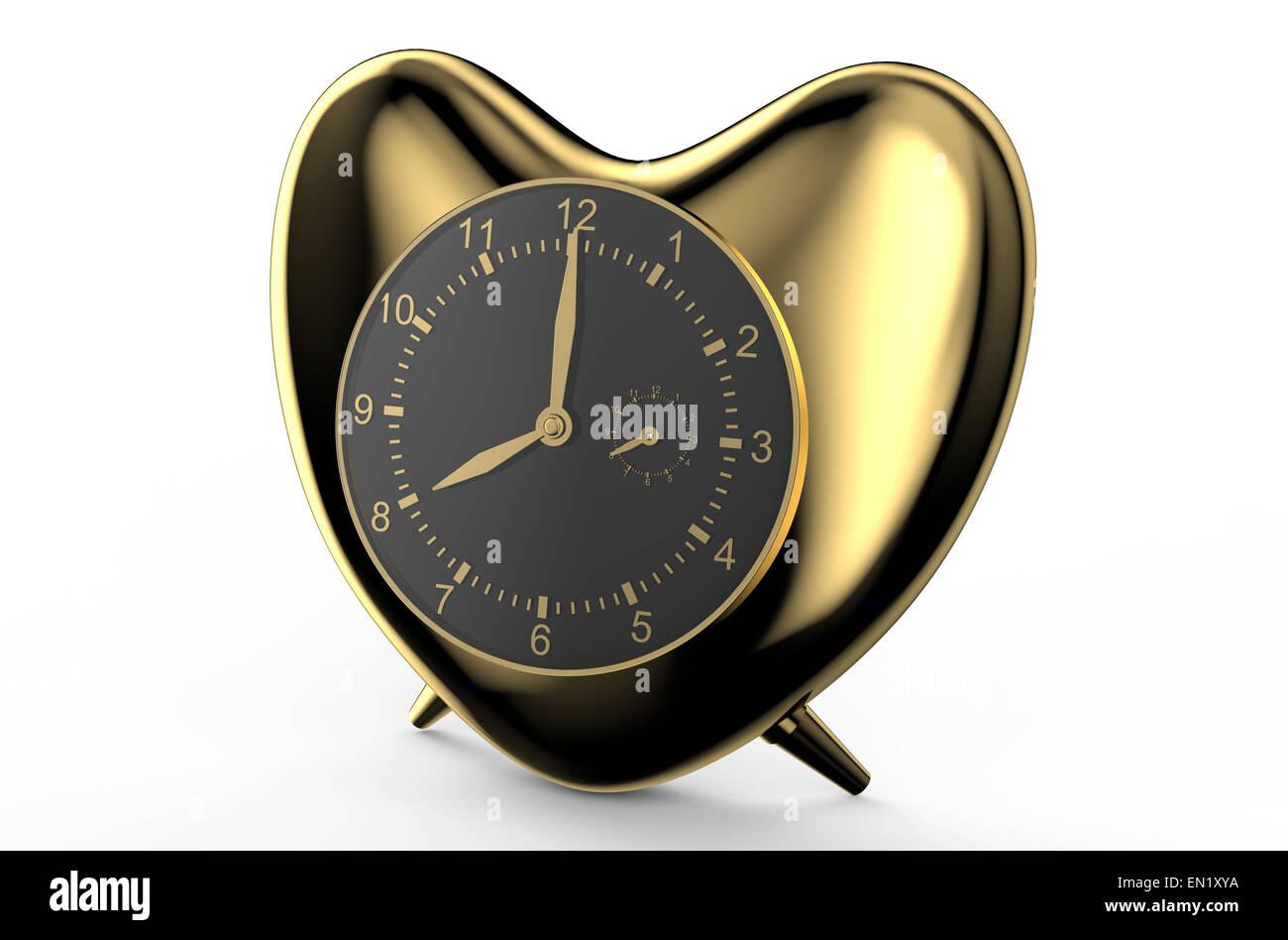 golden clock in the shape of heart isolated on white background Stock