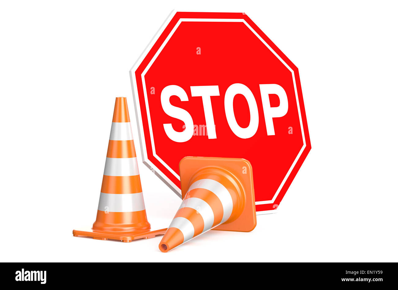 Traffic cones and sign stop isolated on white background Stock Photo