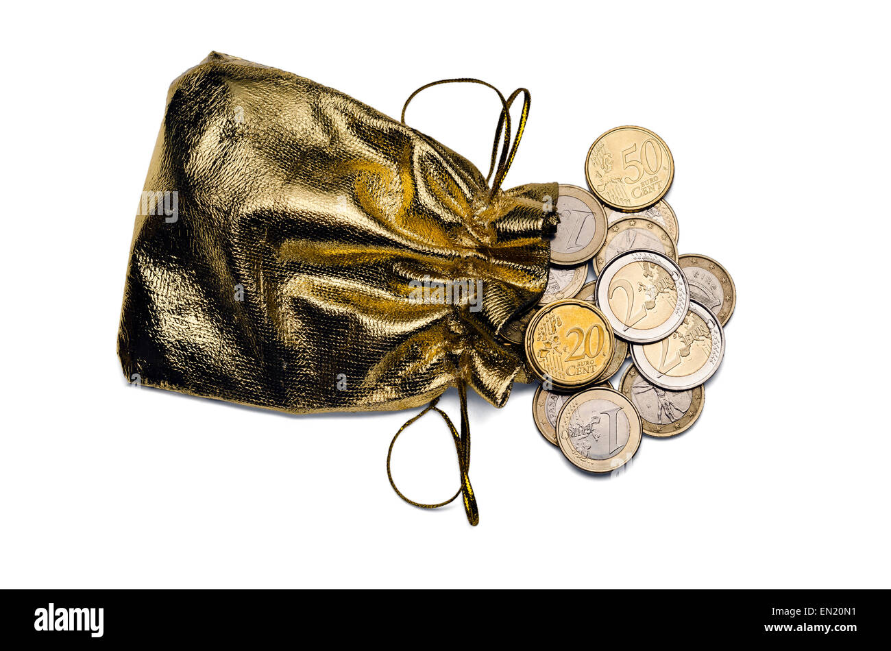 Isolated Golden Money Bag Full of  Euro Coins Stock Photo