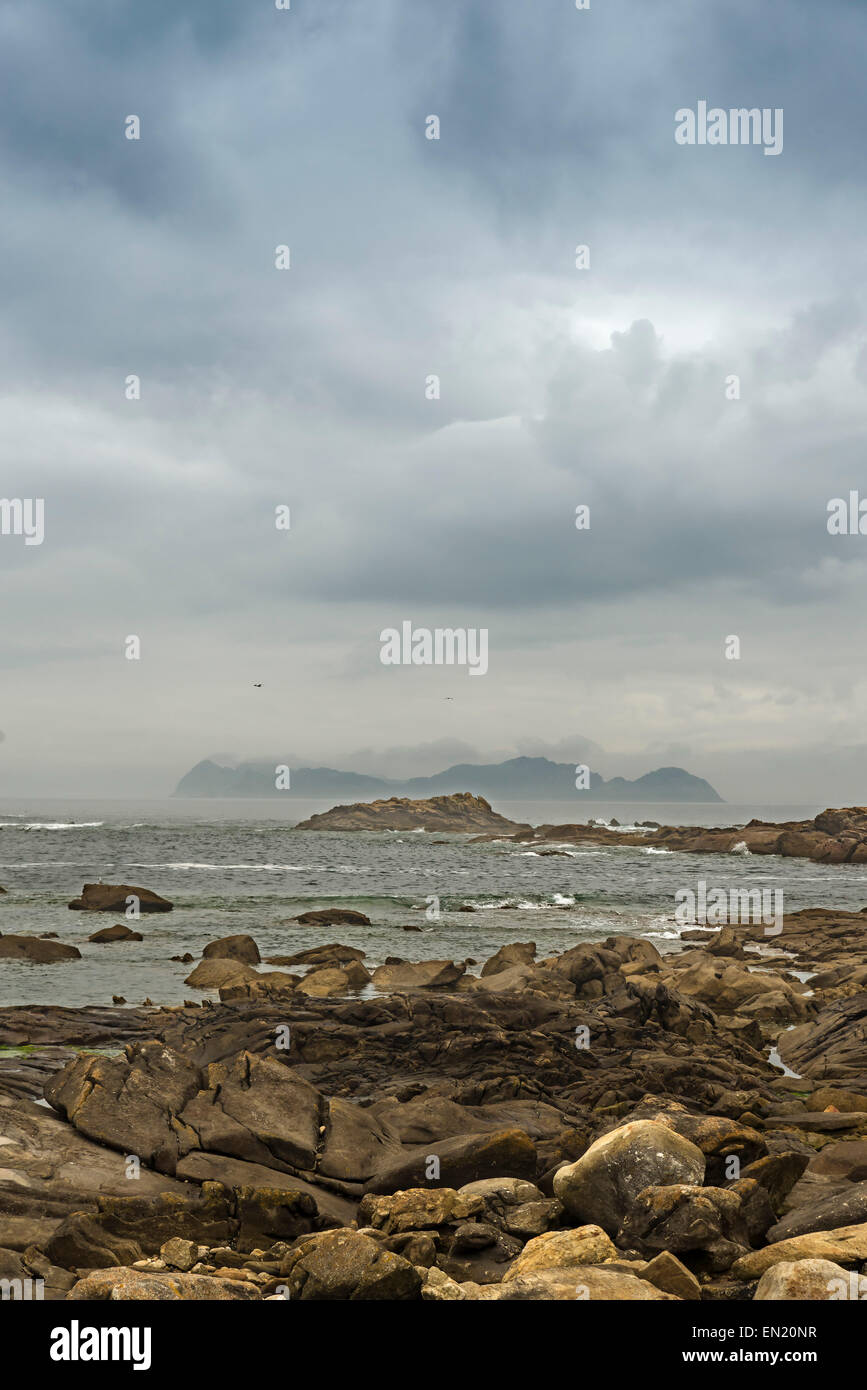 The Cies Islands are an archipelago off the coast of Pontevedra in Galicia (Spain), in the mouth of the Ría de Vigo Stock Photo
