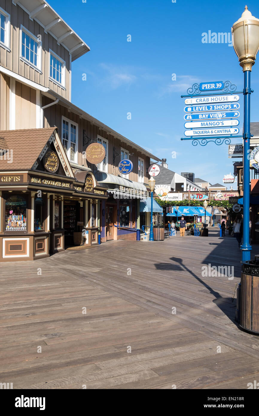 Pier 39 board walk in San Francisco with shops Stock Photo