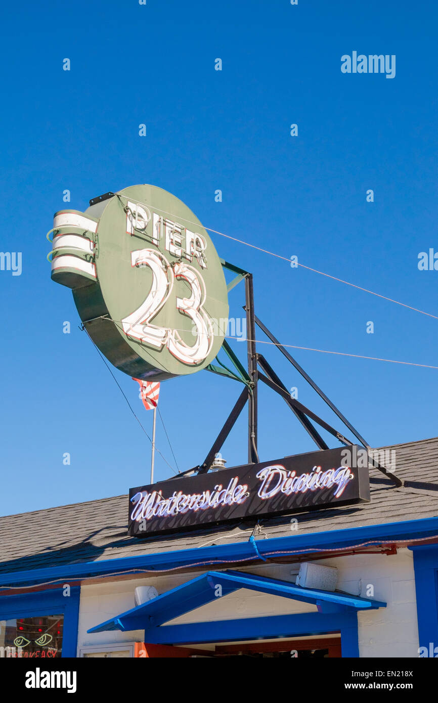 Pier 23 sign above waterside dining restaurant Stock Photo