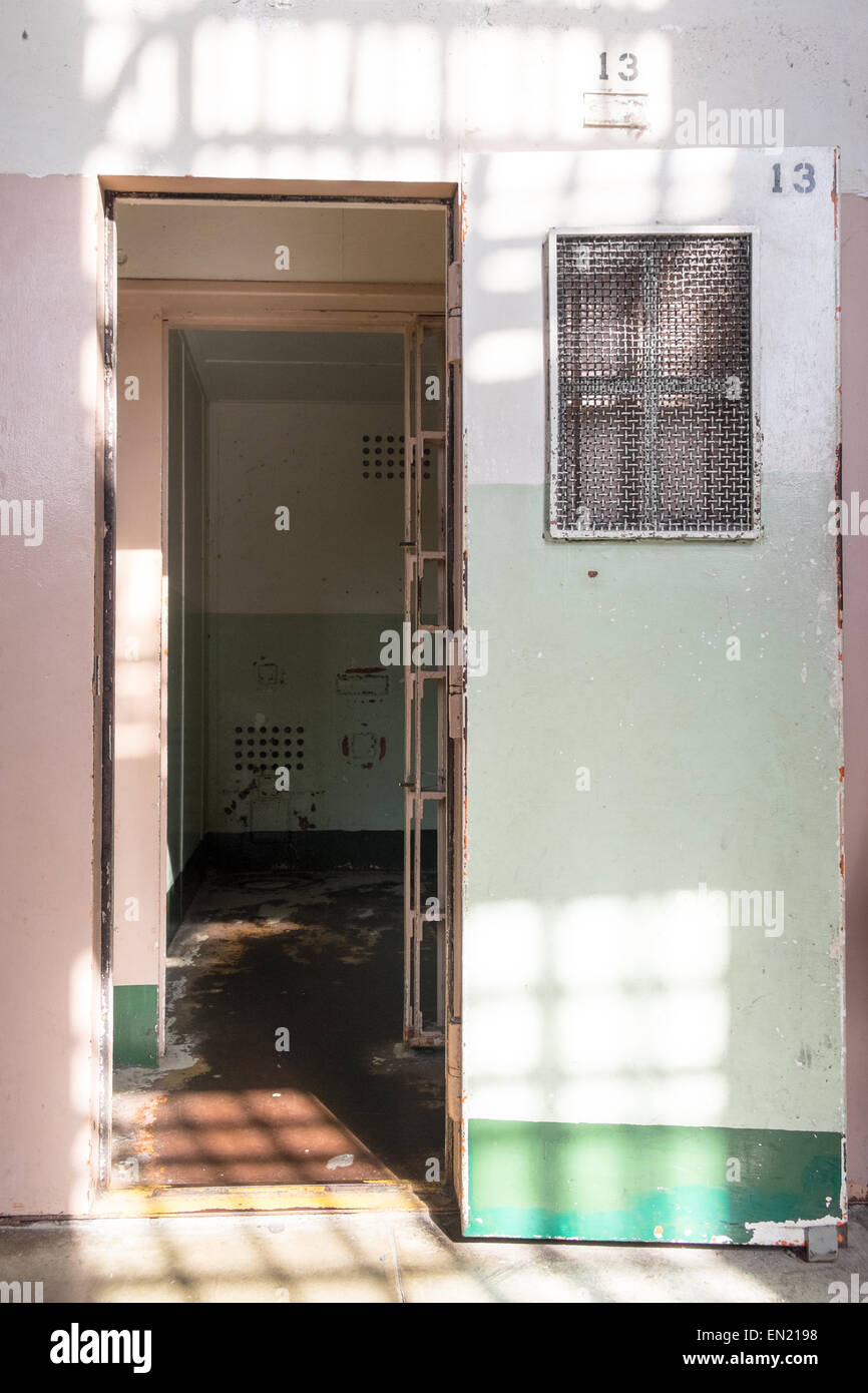 Alcatraz cell 13 is said to be haunted, and unexplained voices have been reported in cells 11, 12, and 13 Stock Photo