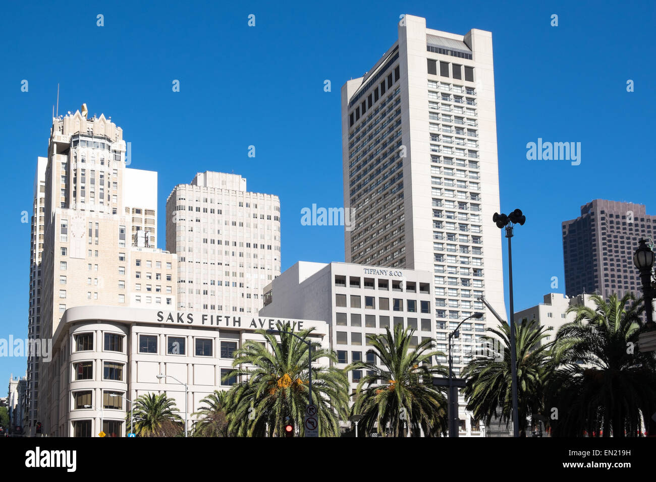 View of Saks & Tiffany & Co buildings in San Francisco California Stock Photo