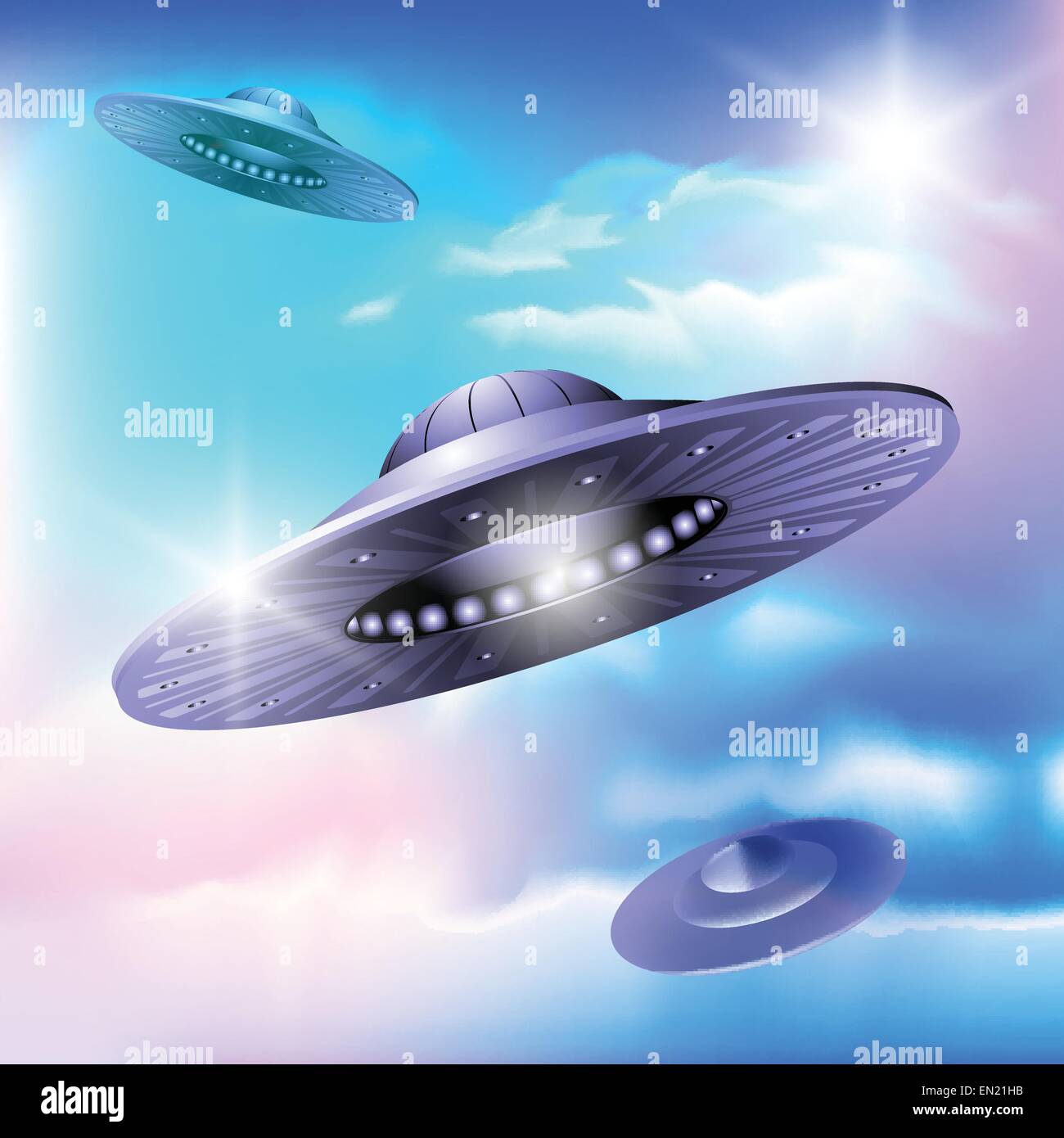 UFO flying in a sky. Alien invasion. Vector illustration Stock Vector
