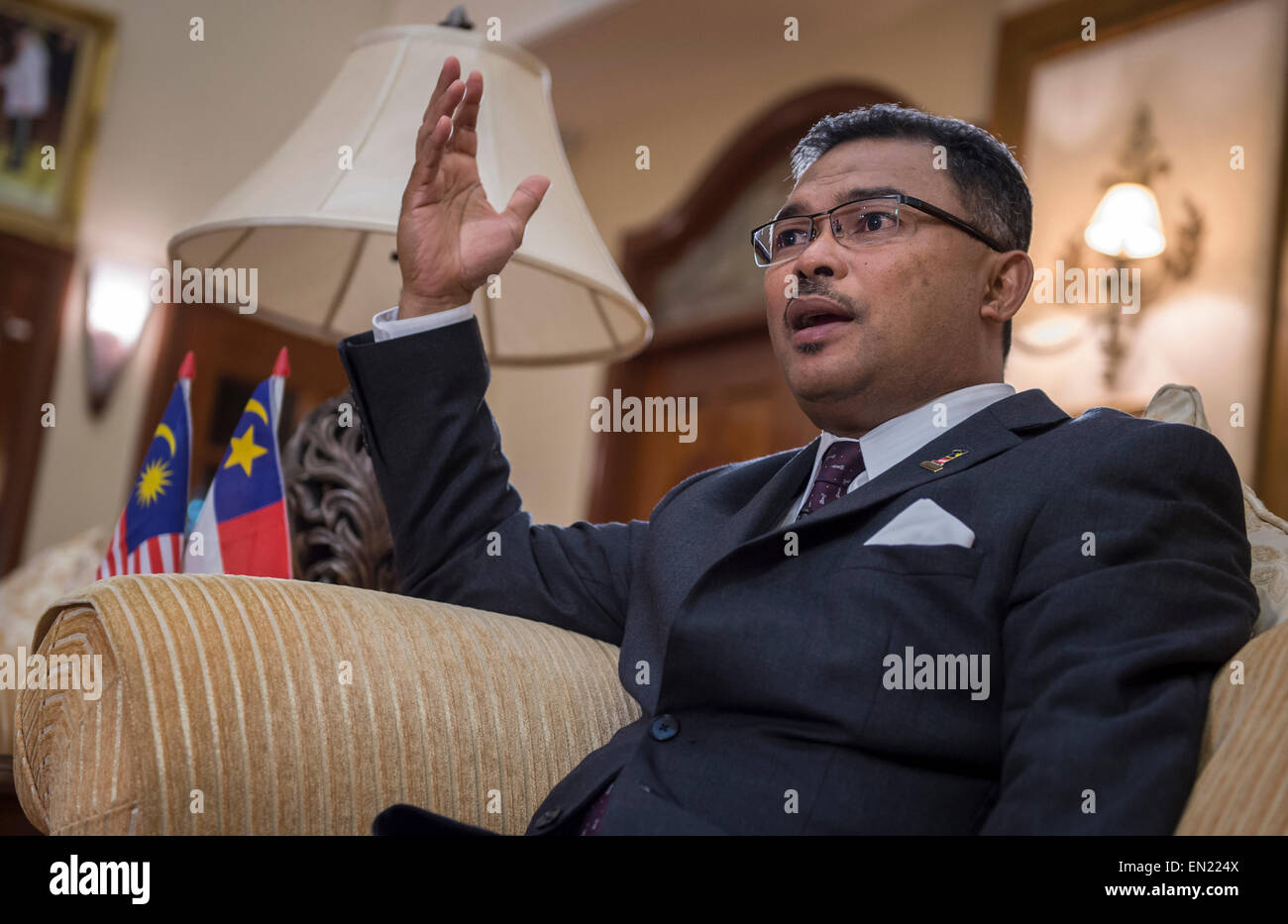 Kuala Lumpur. 23rd Apr, 2015. Photo taken on April 23, 2015 shows Idris Haron, chief minister of Malacca, receives an exclusive interview by Xinhua in Malacca, Malaysia. The China-led "Silk Road Economic Belt" and the "21st Century Maritime Silk Road" initiatives, also known as the "Belt and Road", would offer more opportunities for Malacca to boost its economy, Idris Haron said. © He Jingjia/Xinhua/Alamy Live News Stock Photo