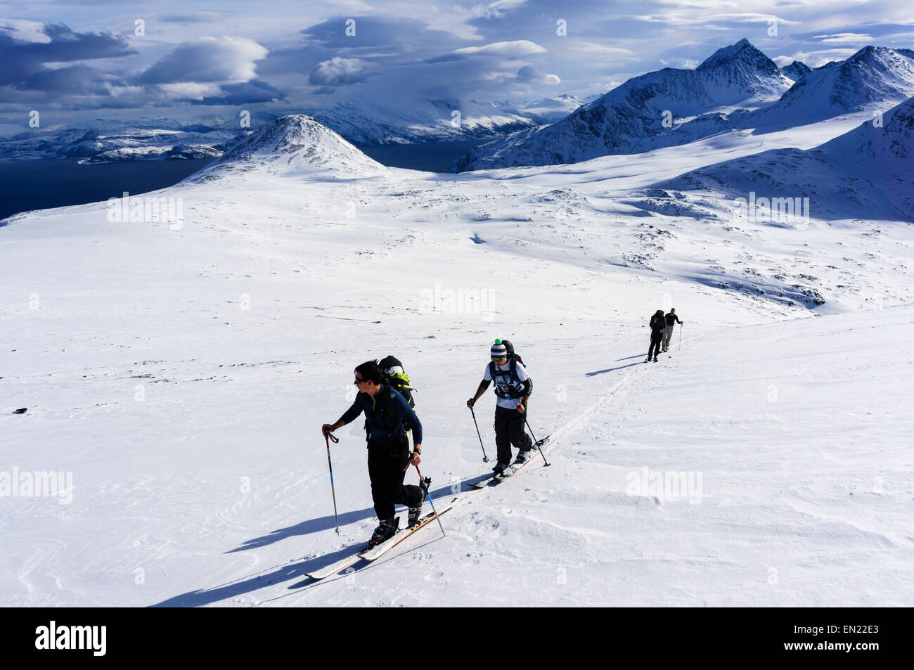 Skiers ski touring with skins on the route up Russelvfjellet mountain