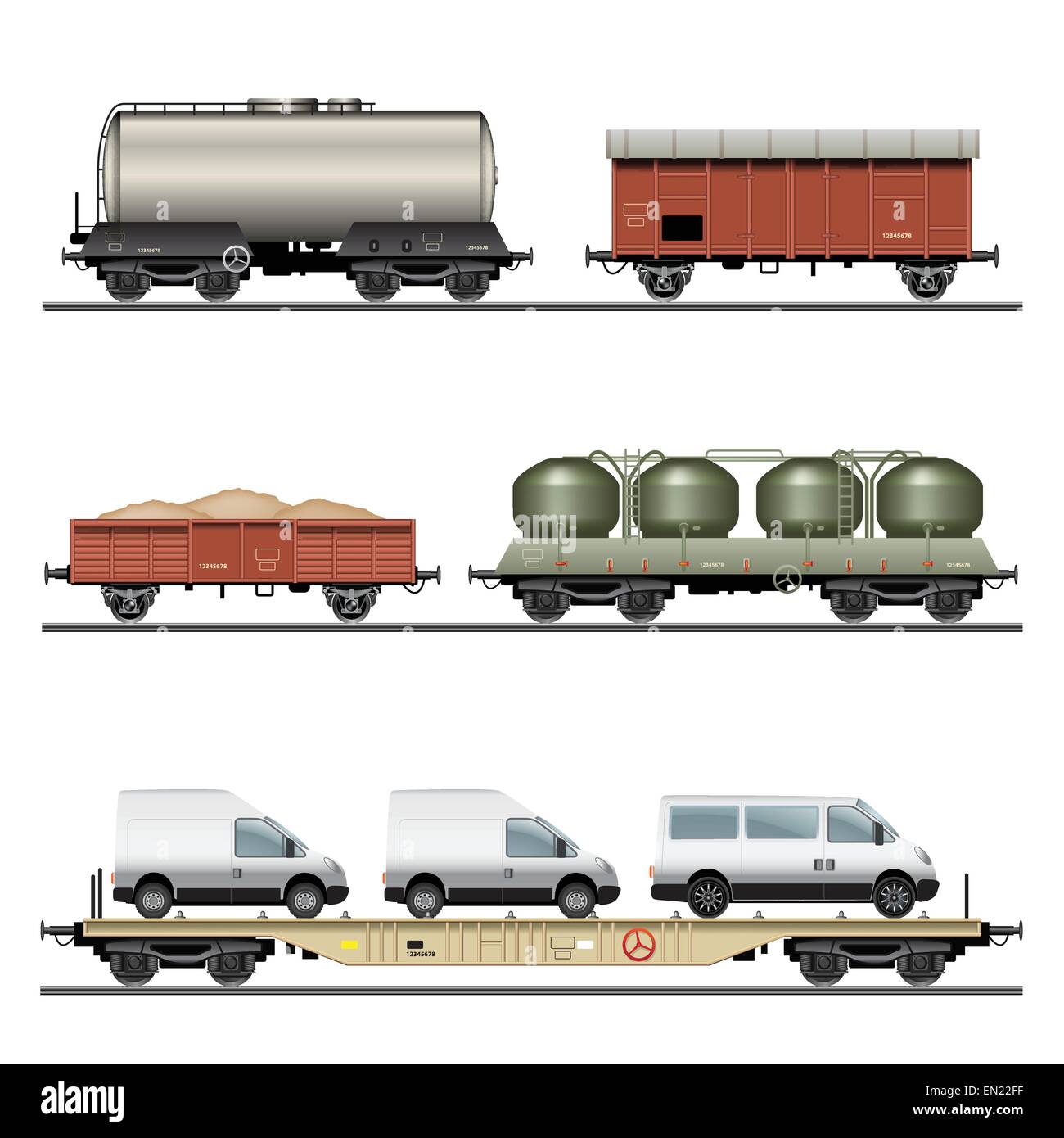 Collection of Train Cargo Wagons. Detailed vector Illustration Stock Vector
