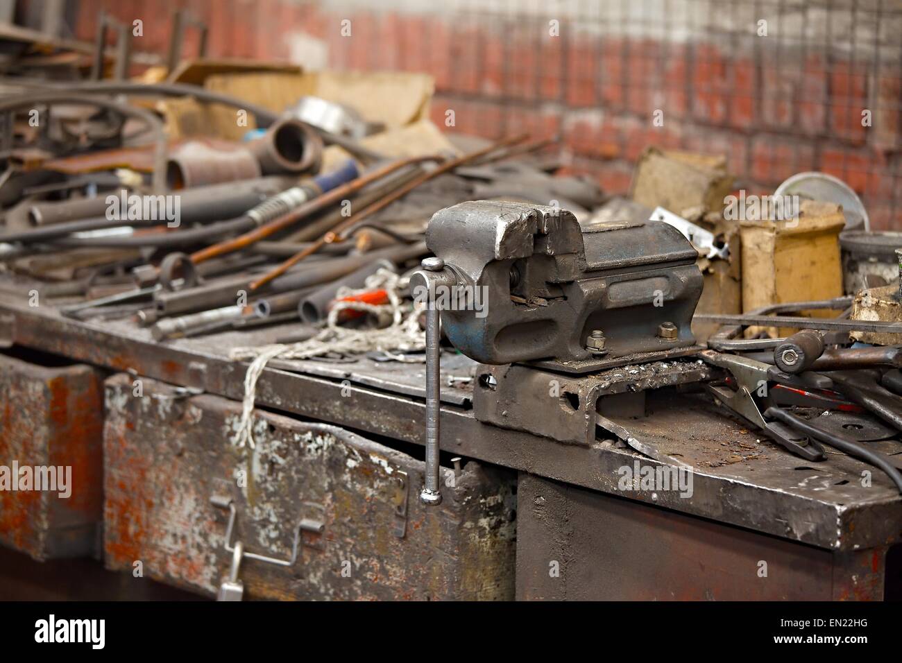 Workshop table with vise Stock Photo