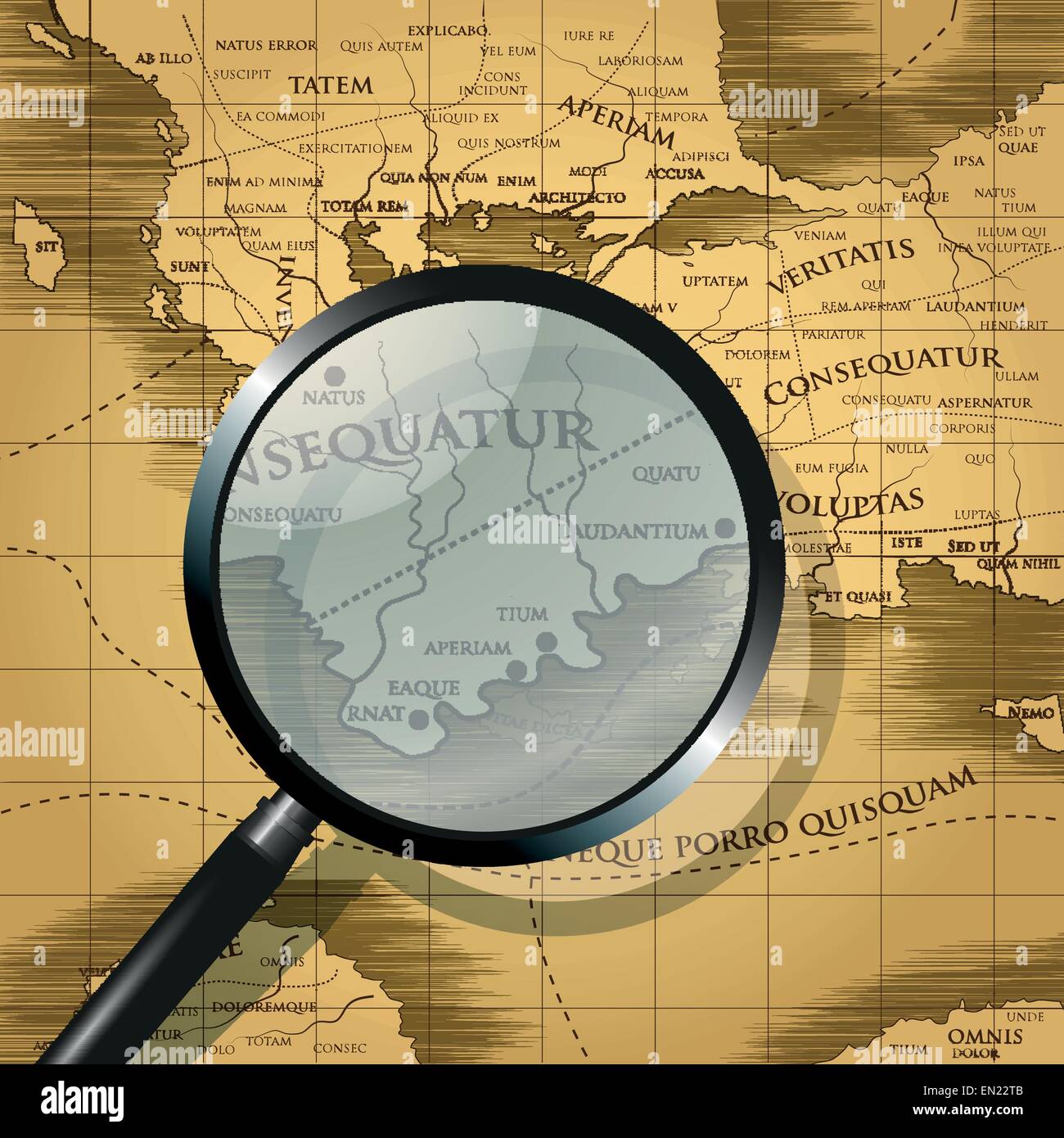 Magnifying glass focused on old abstract map. Vector illustration Stock Vector
