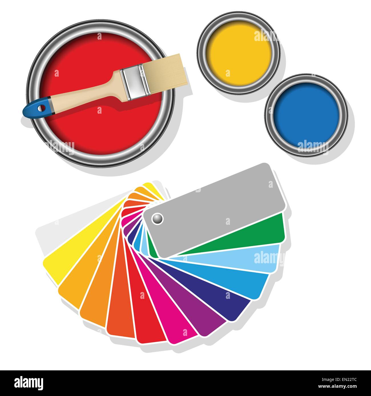 Coloured swatches and paint cans with paintbrush on white background. Vector illustration Stock Vector