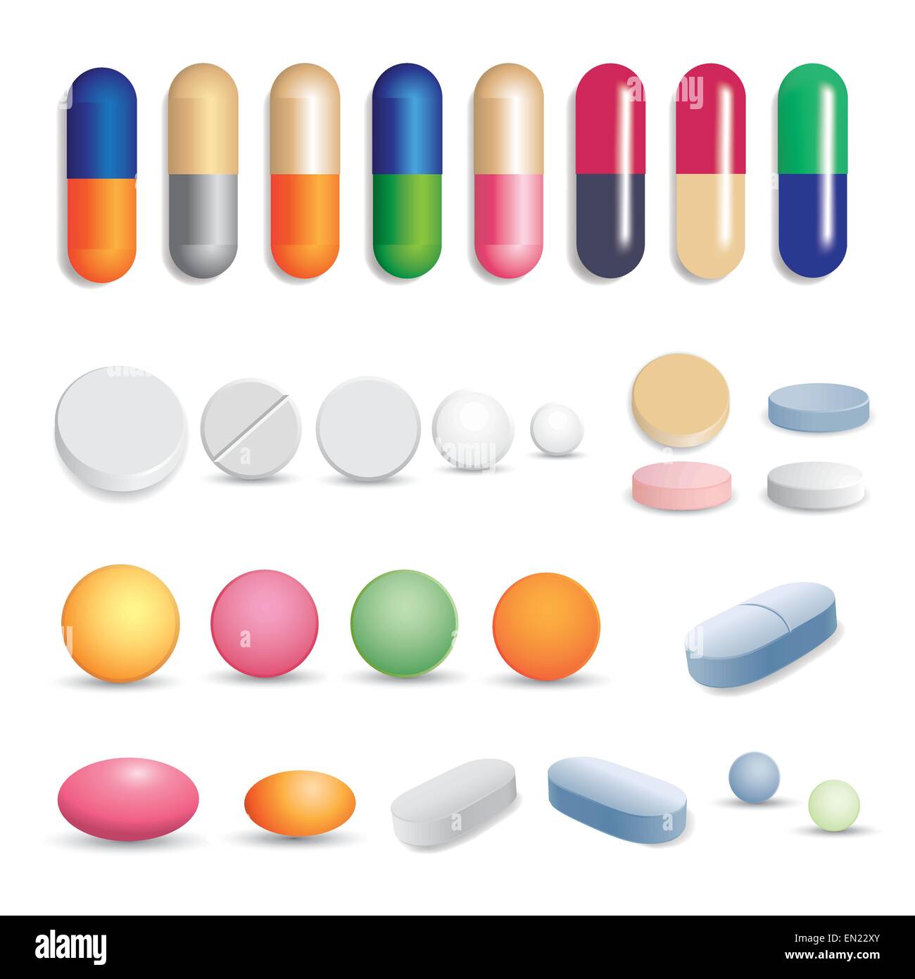 Colored pills, tablets and capsules. Vector illustration Stock Vector