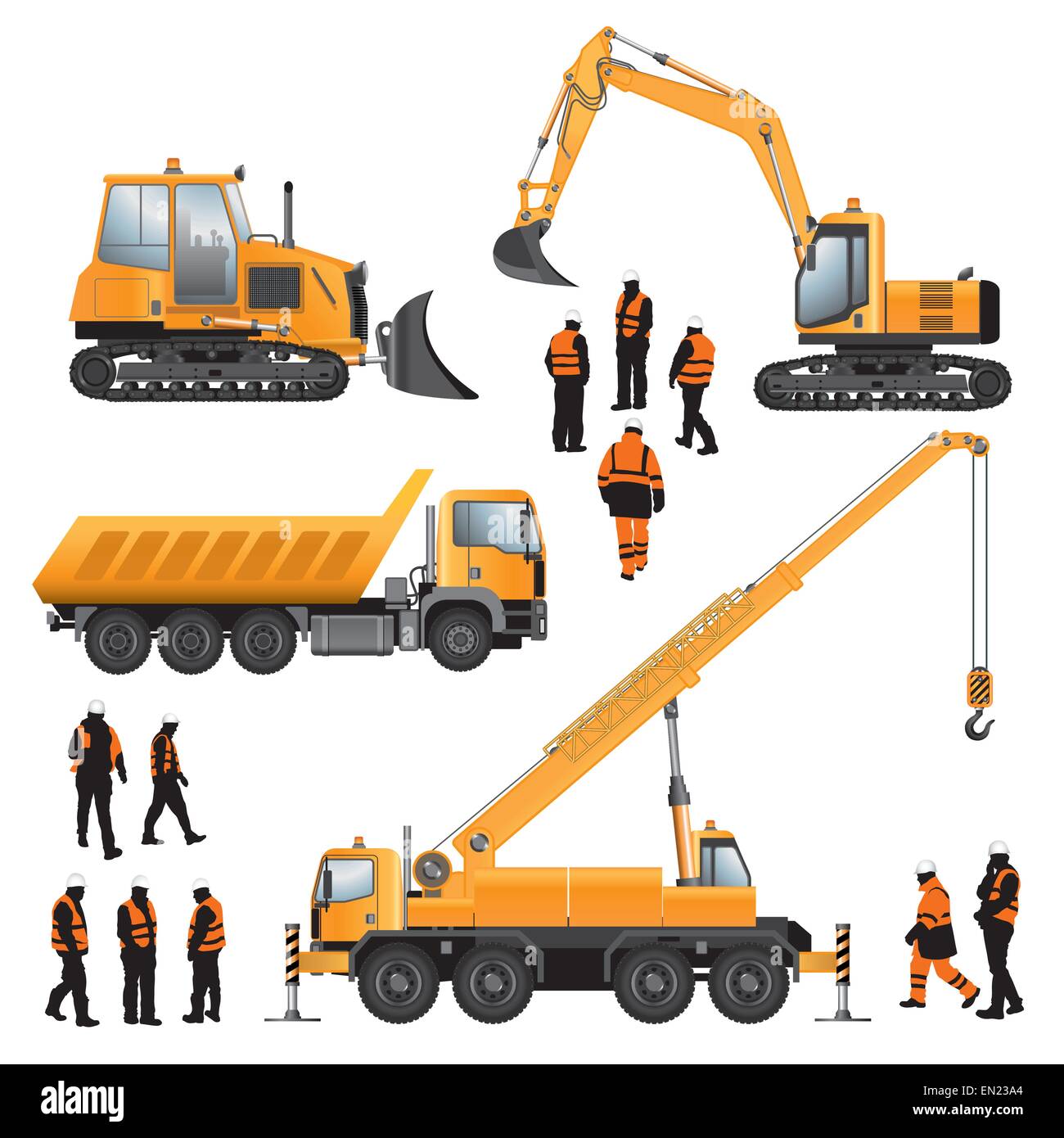 Construction machines and workers. Bulldozer, excavator, crane and