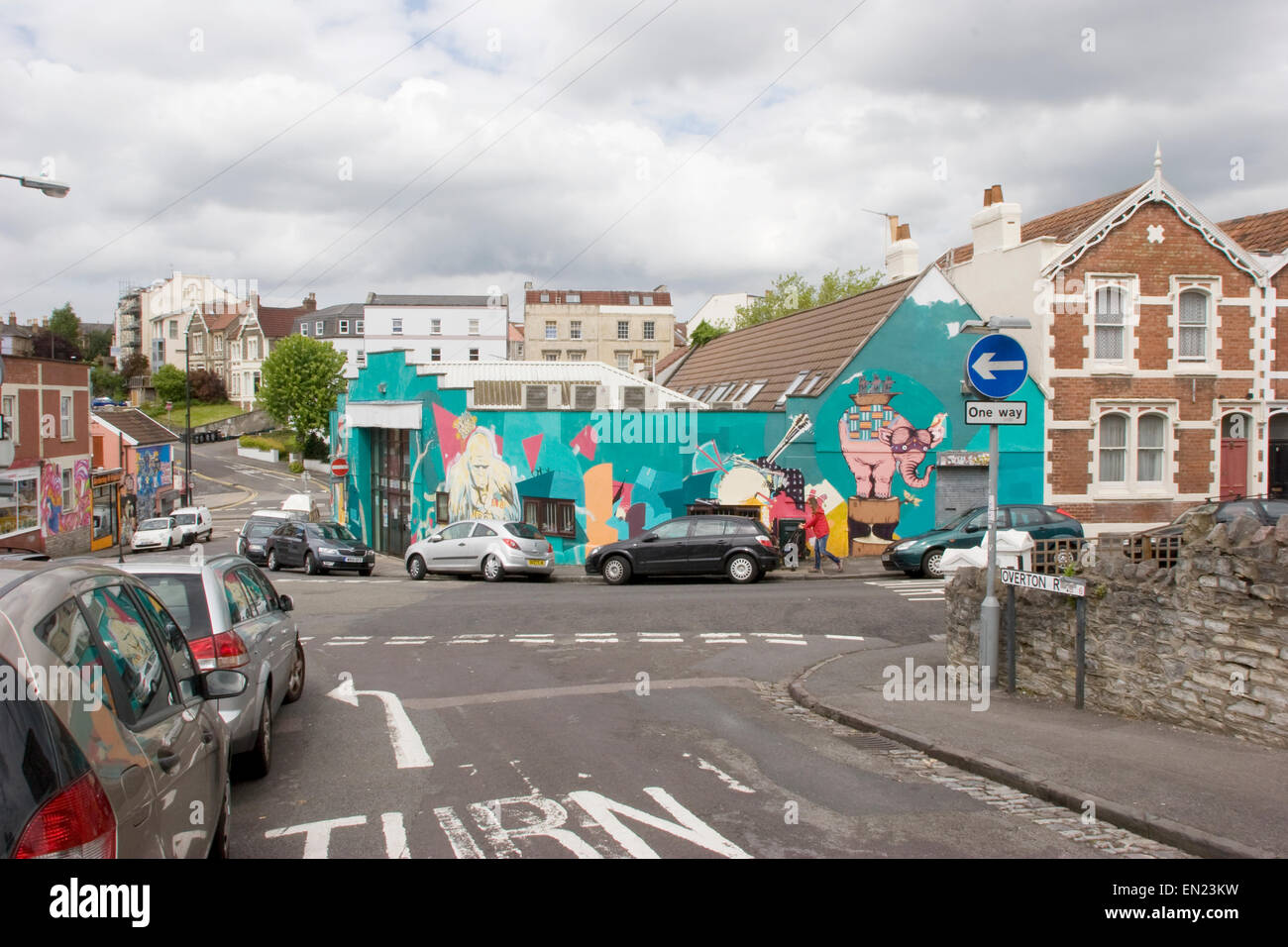 Junction of Overton Road and North Road, Bishopston, Bristol: street art, including precarious elephant Stock Photo