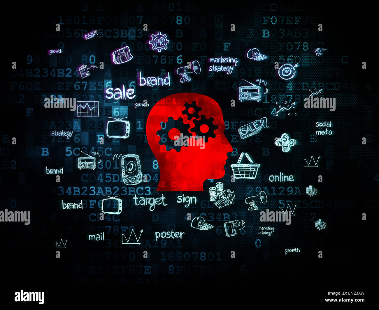 Advertising concept: Head With Gears on Digital background Stock Photo ...