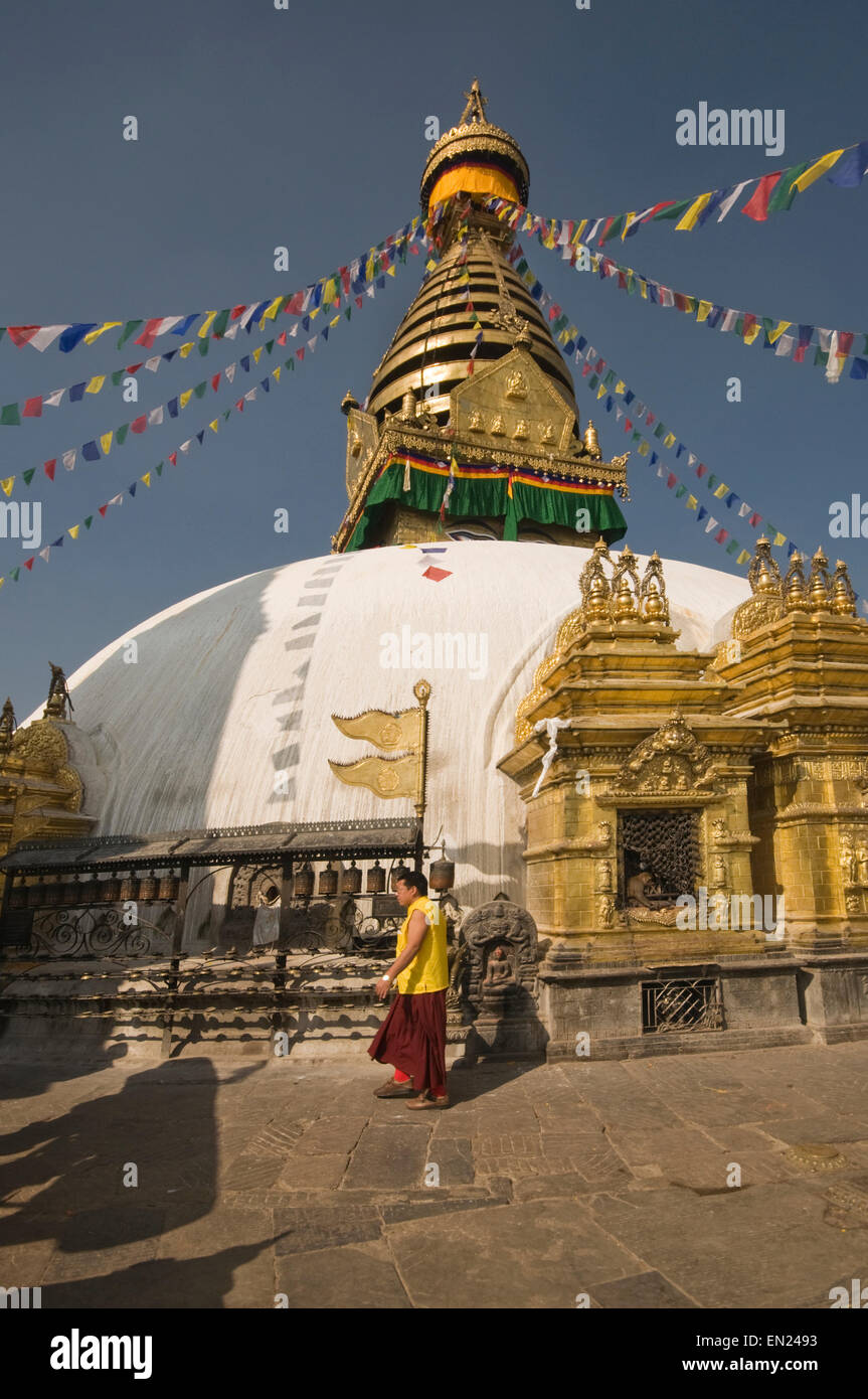 NEPAL, Kathmandu, Swayambhunath Buddhist Temple, Buddhist monk walking