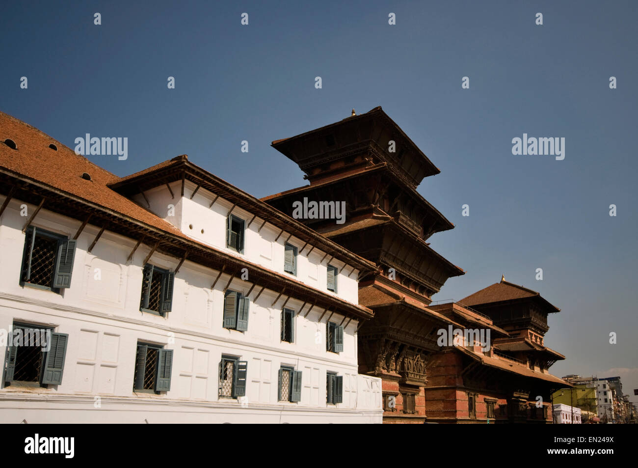 NEPAL, Kathmandu, Durbar Square, Basantapur Durbar, exterior of Hanuman Doka (Old Royal Palace) showing Basantapur Tower (near) Stock Photo