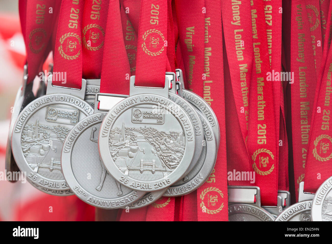 London, UK. 26 April 2015. Winners medals. Virgin Money London Marathon finishes at the Mall, London, United Kingdom. Credit:  Nick Savage/Alamy Live News Stock Photo