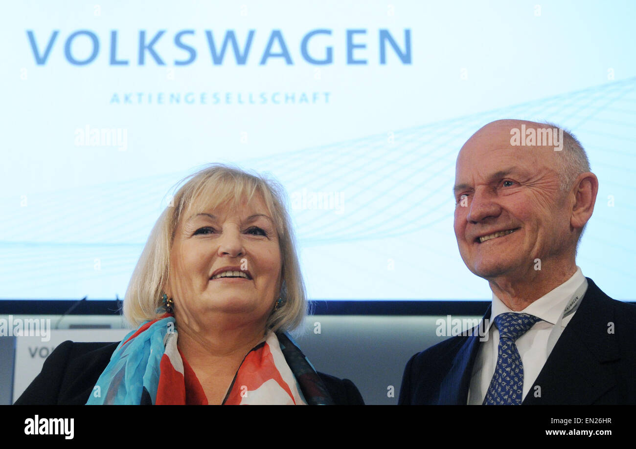 FILE - A file picture dated 19 April 2012 shows the chairman of the supervisory board of Volkswagen AG, Ferdinand Piech, standing with his wife, Ursula Piech, in front of the podium at the VW general meeting in Hamburg, Germany. Piech and his wife have stepped down from the supervisory board. Photo: MARCUS BRANDT/dpa Stock Photo