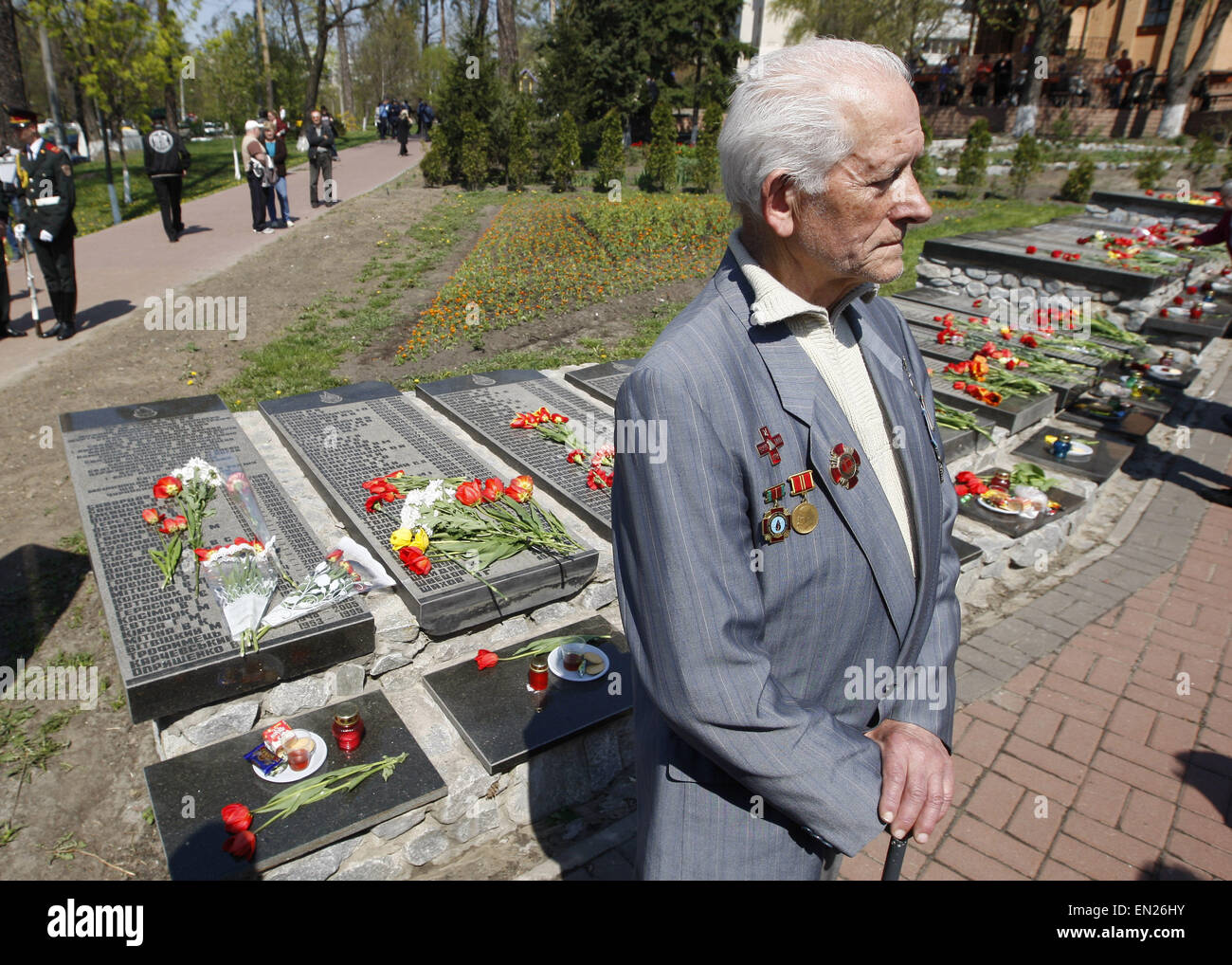 Kiev, Ukraine. 26th Apr, 2015. A former liquidator of the Chernobyl nuclear accident attends a commemoration ceremony at the Chernobyl victims' memorial in the Ukrainian capital of Kiev on April 26, 2015. The world marks the 29th anniversary of the world's worst nuclear disaster at Chernobyl nuclear pant in Ukraine. The explosion at reactor number four of the Chernobyl power plant in the early hours of April 26, 1986 sent radioactive fallout into the atmosphere that spread from the Soviet Union across Europe. © Serg Glovny/ZUMA Wire/ZUMAPRESS.com/Alamy Live News Stock Photo