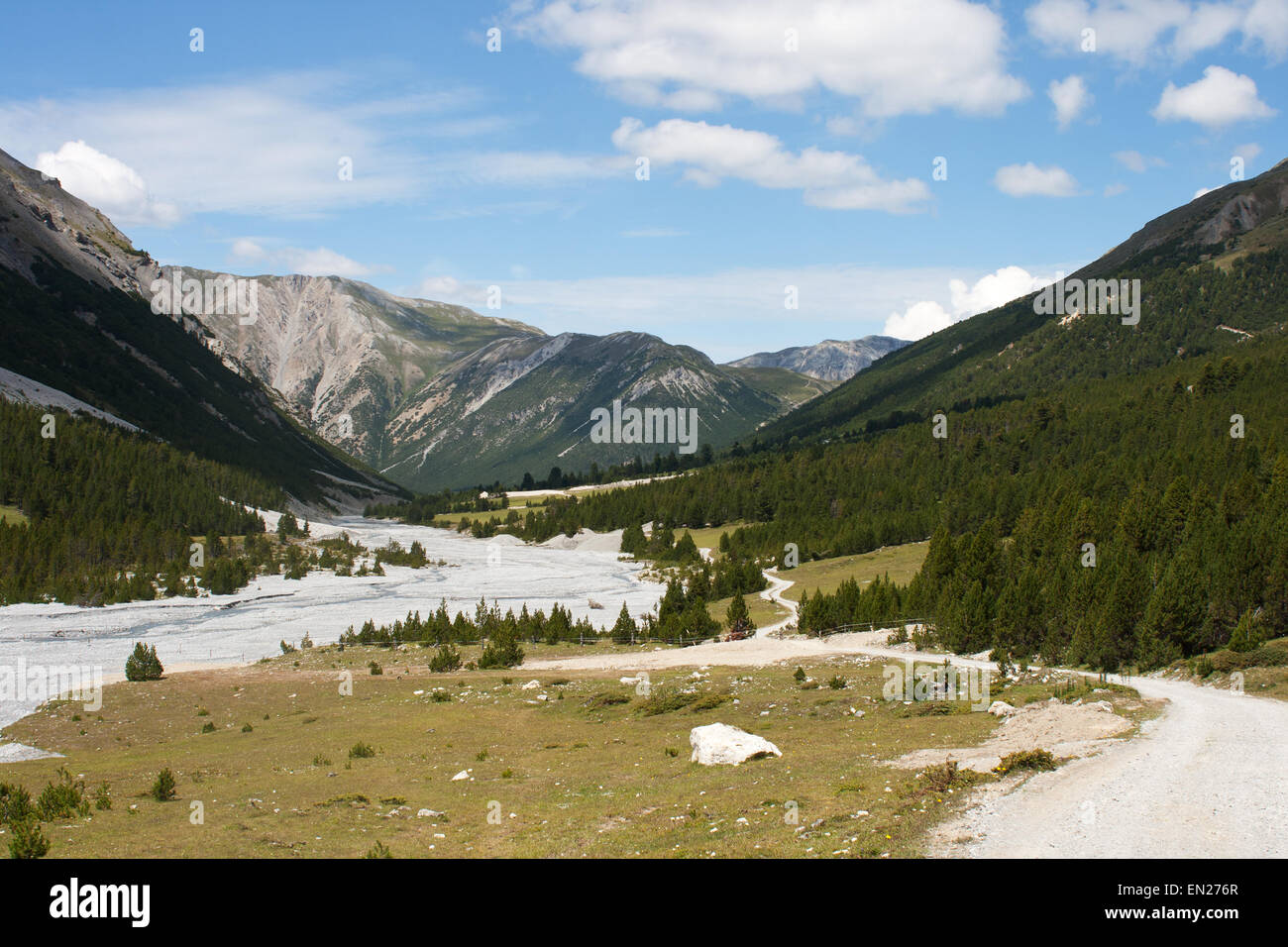 Val Mora Switzerland Engadin Alps walking path through valley among ...