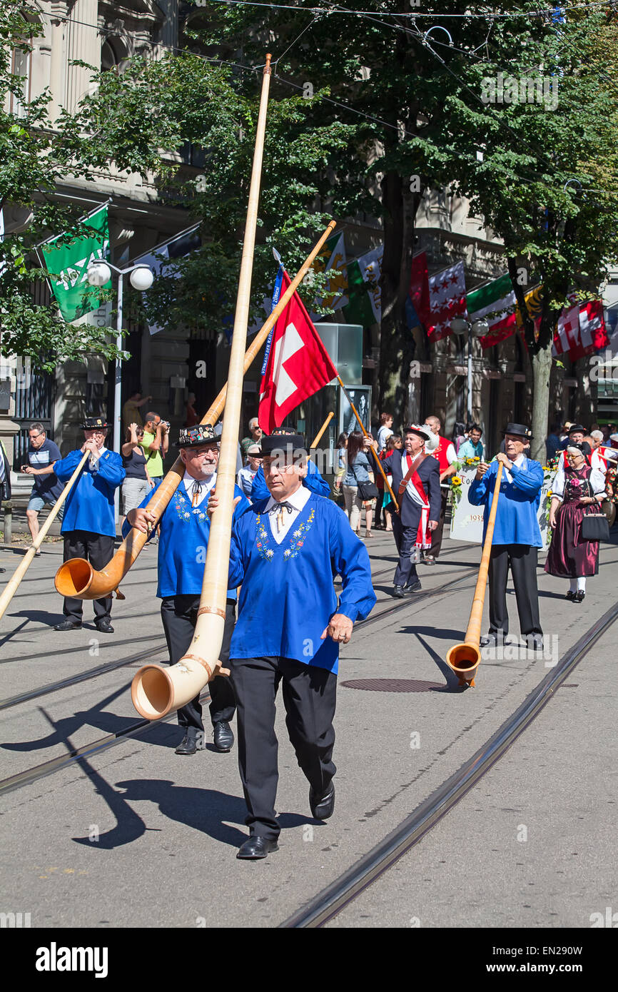 ZURICH - AUGUST 1: Swiss National Day parade on August 1, 2012 in Zurich, Switzerland. Representaives of cantone Glarus in histo Stock Photo