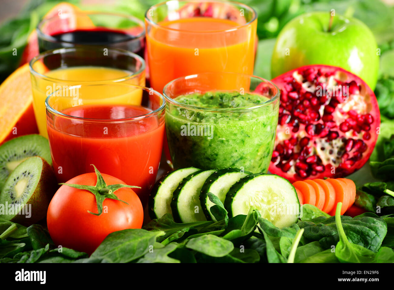 Glasses of fresh organic vegetable and fruit juices. Detox diet. Stock Photo